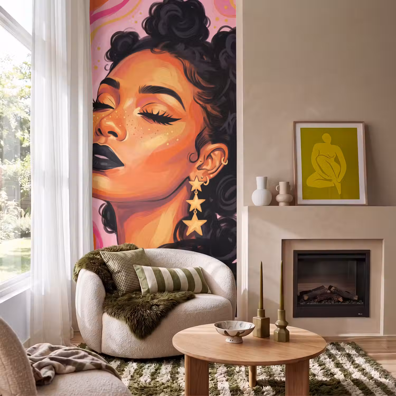 Vrouw - Portret - Abstract - Kleurrijk - Roze Behang Vlies klein -sfeer2