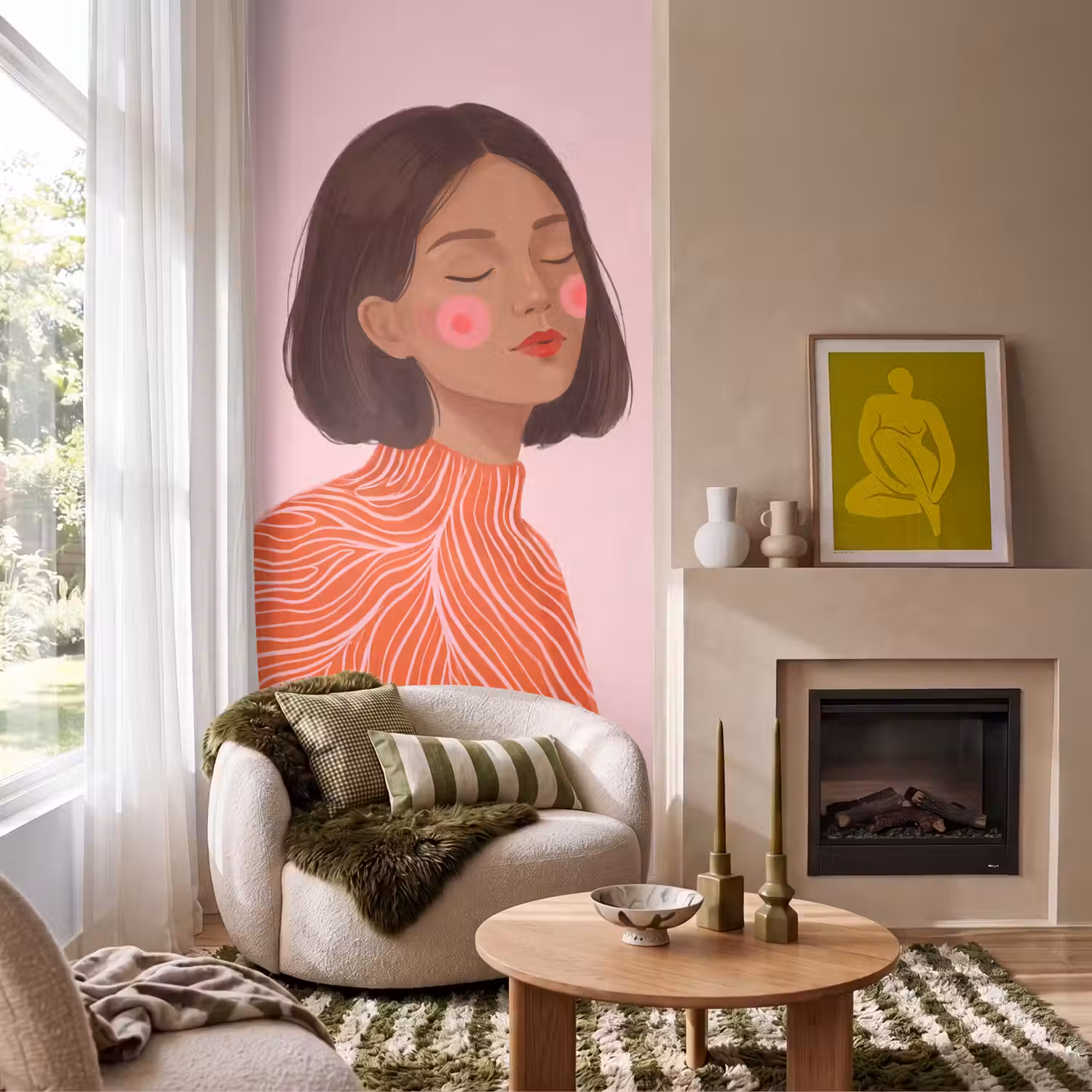 Vrouw - Portret - Modern - Kunst - Roze Behang Vlies klein -sfeer2