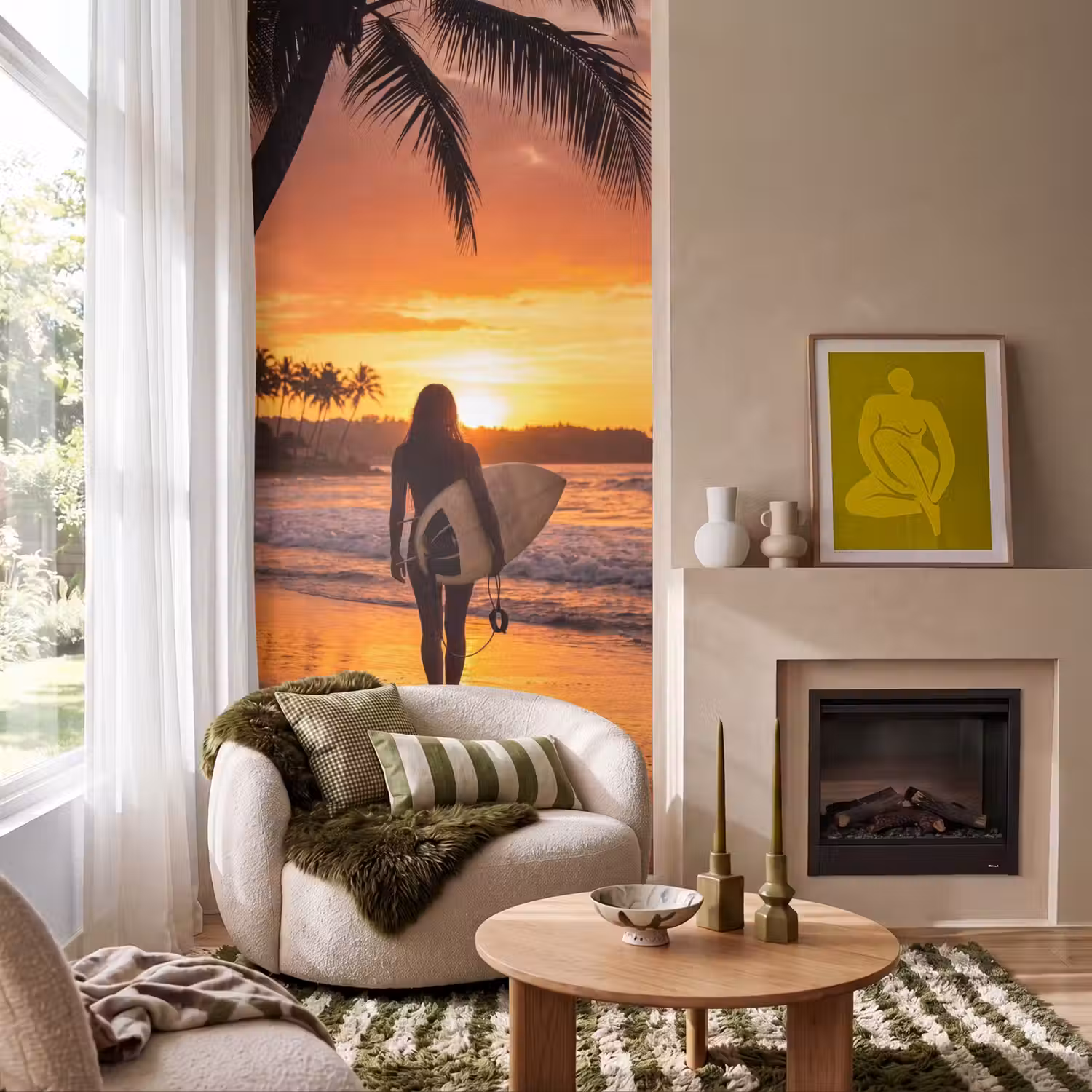 Vrouw - Surfplank - Strand - Zonsondergang - Oranje Behang Vlies klein -sfeer2