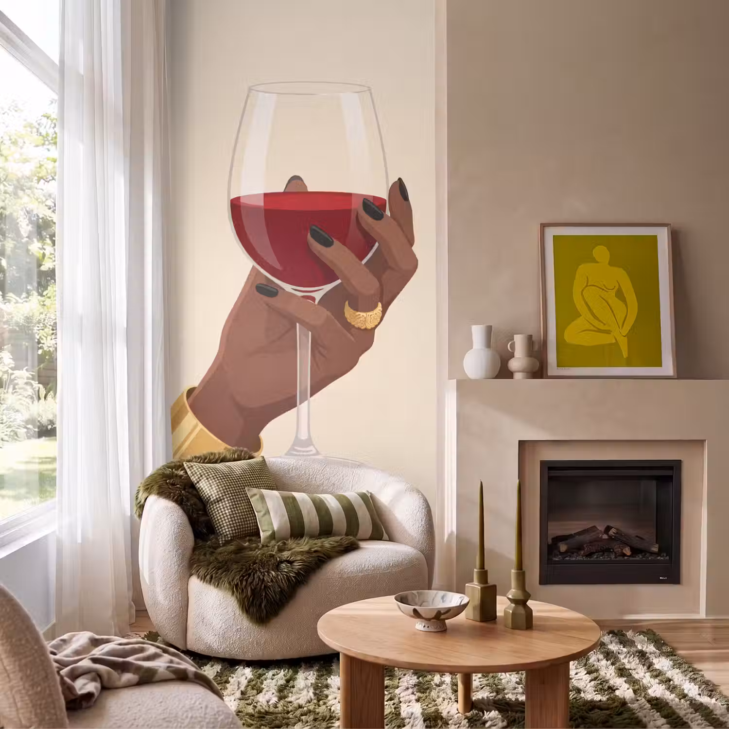Vrouw - Wijn - Glas - Illustratie - Rood Behang Vlies klein -sfeer2