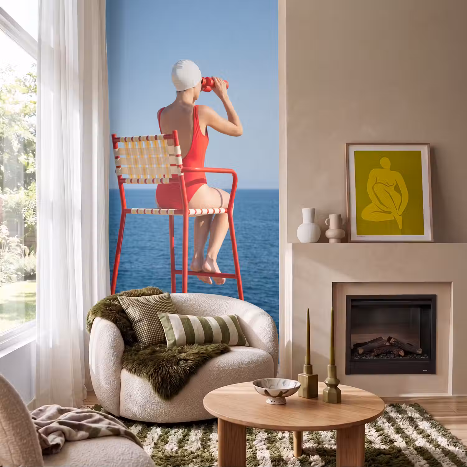 Vrouw - Zee - Kust - Verrekijker - Rood Behang Vlies klein -sfeer2