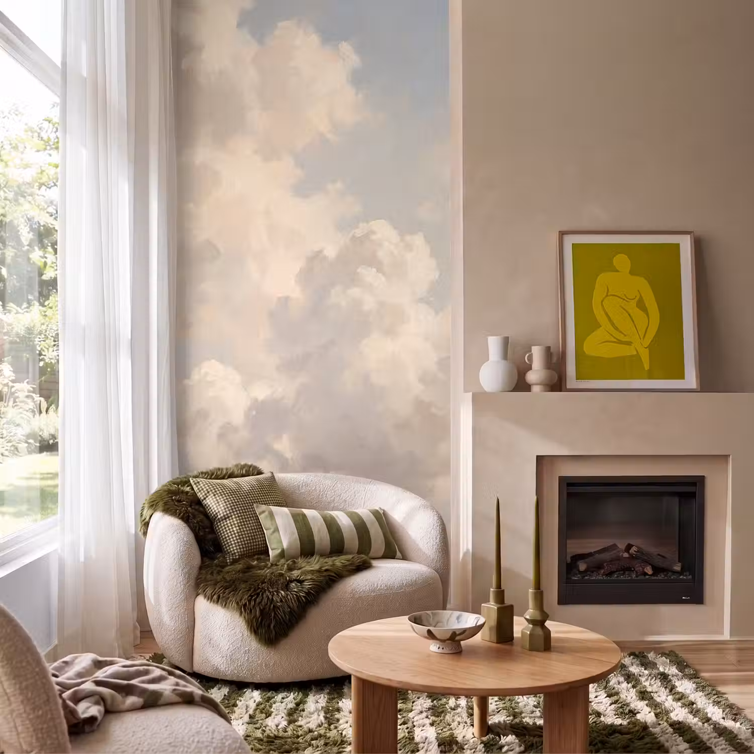 Wolken - Zacht - Natuur - Klassiek - Beige Behang Vlies klein -sfeer2