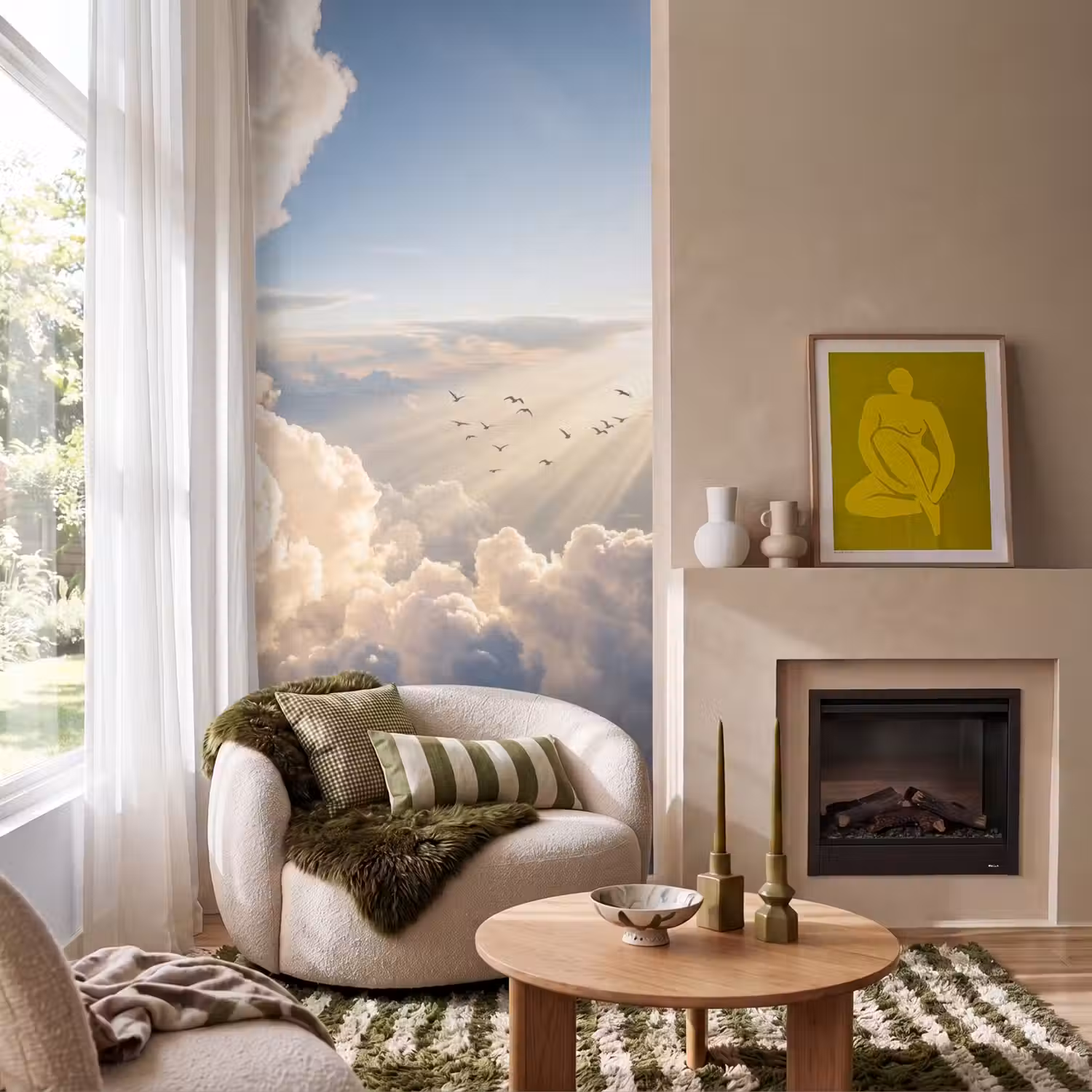 Wolken - Zonnestralen - Natuur - Wit Behang Vlies klein -sfeer2