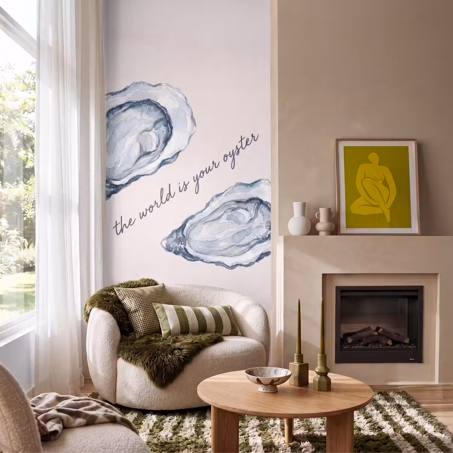 Zeeleven - Oester - Aquarel - Minimalistisch - Blauw Behang Vlies klein -sfeer2