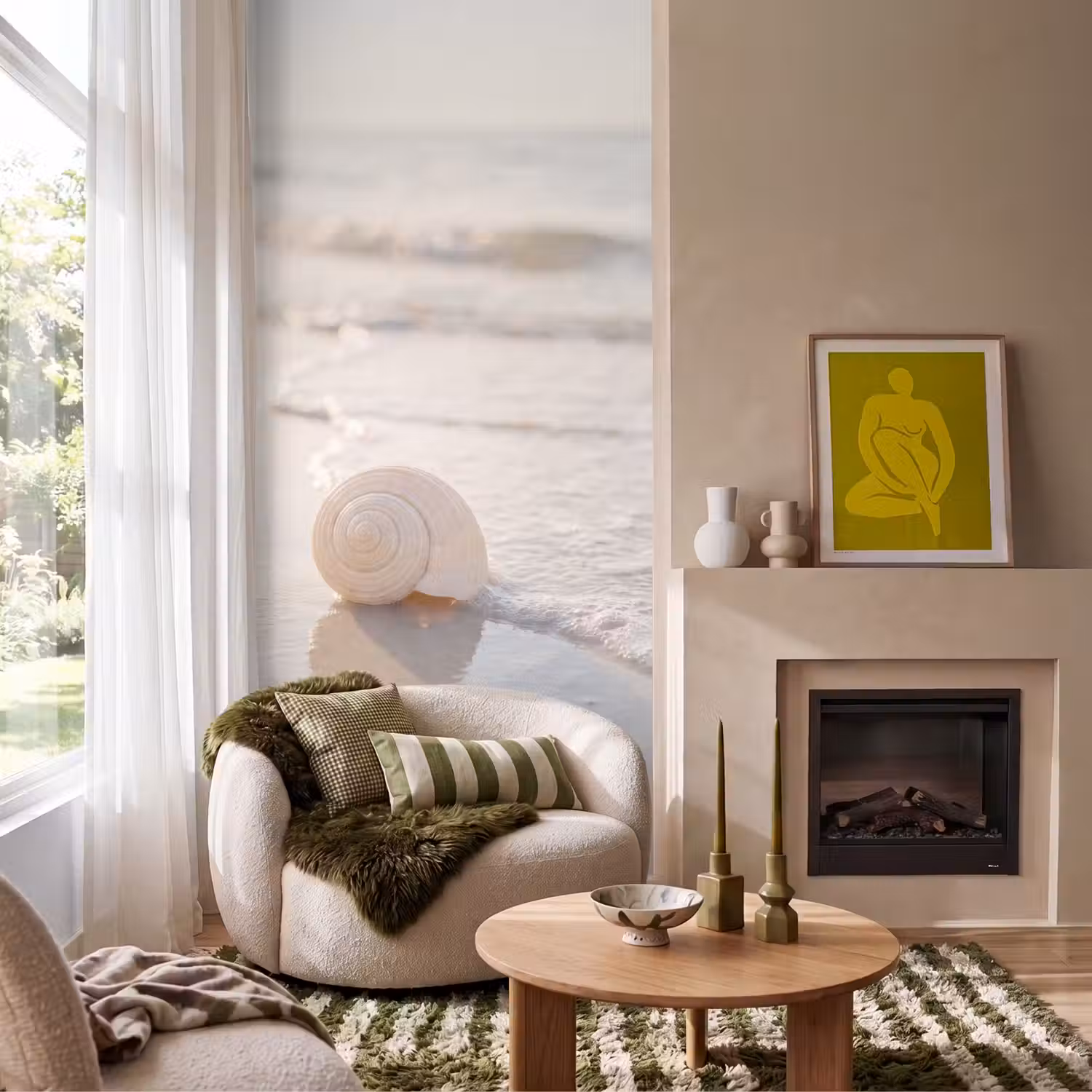 Zeeschelp - Strand - Zee - Natuur - Beige Behang Vlies klein -sfeer2