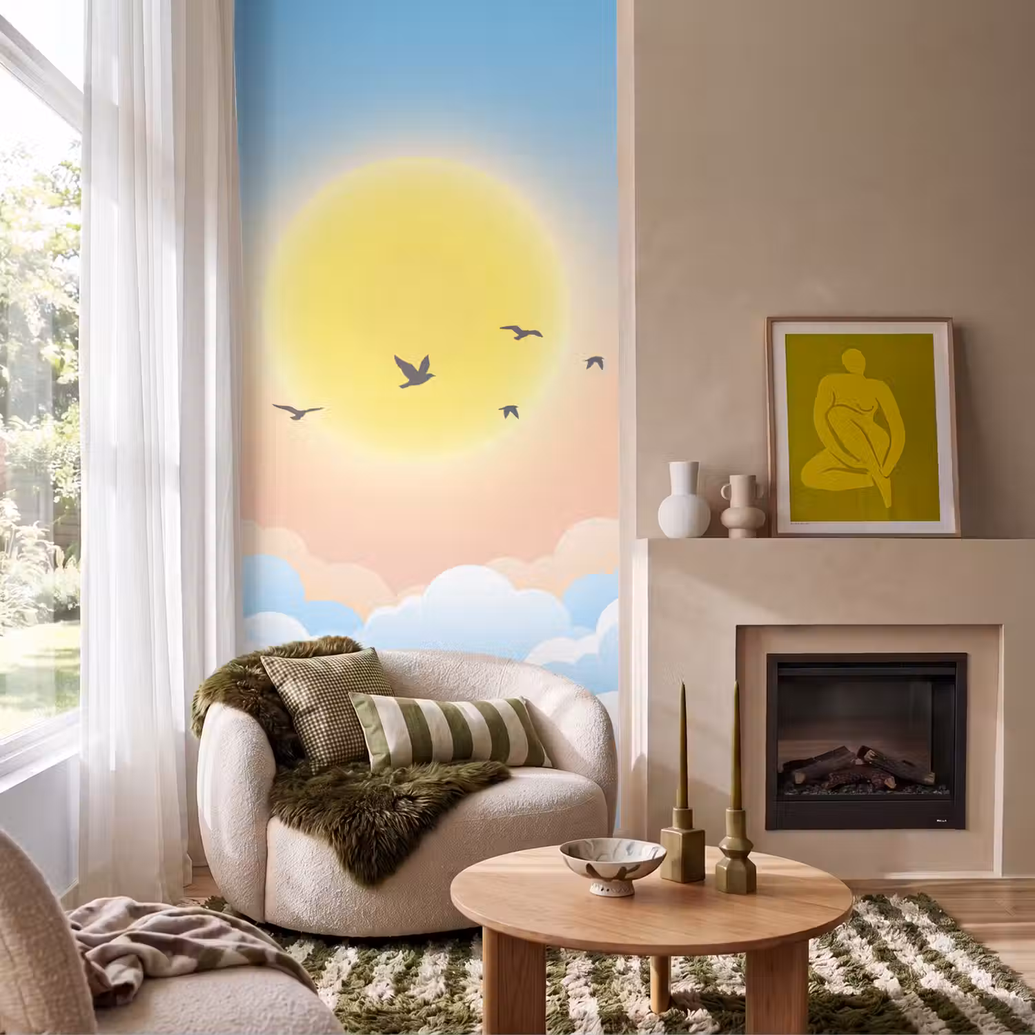 Zon - Vogels - Lucht - Natuur - Geel Behang Vlies klein -sfeer2