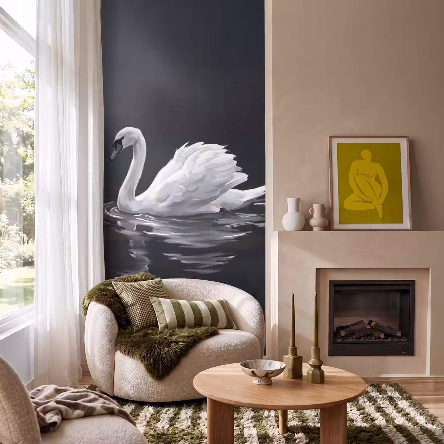 Zwaan - Water - Natuur - Realistisch - Wit Behang Vlies klein -sfeer2
