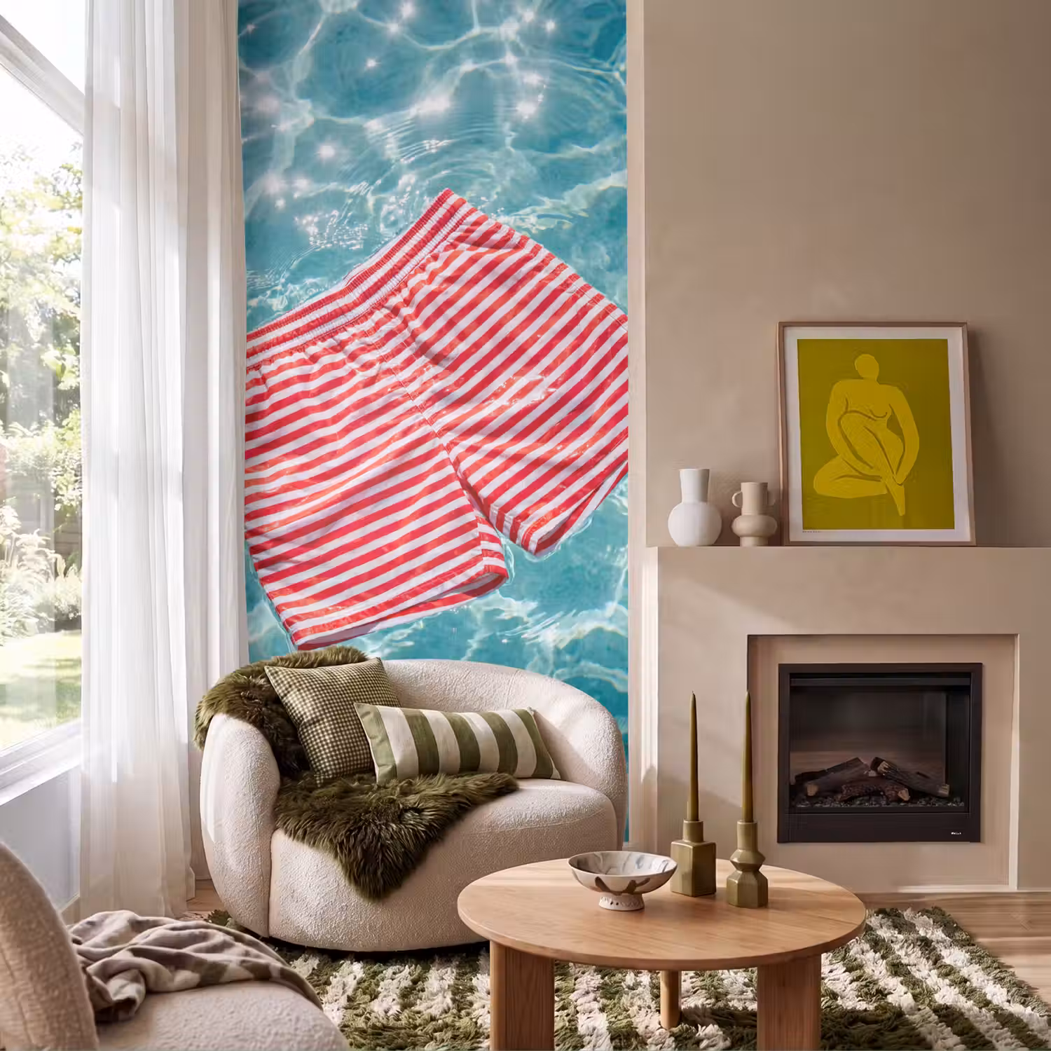 Zwemkleding - Gestreept - Water - Zomer - Rood-wit Behang Vlies klein -sfeer2