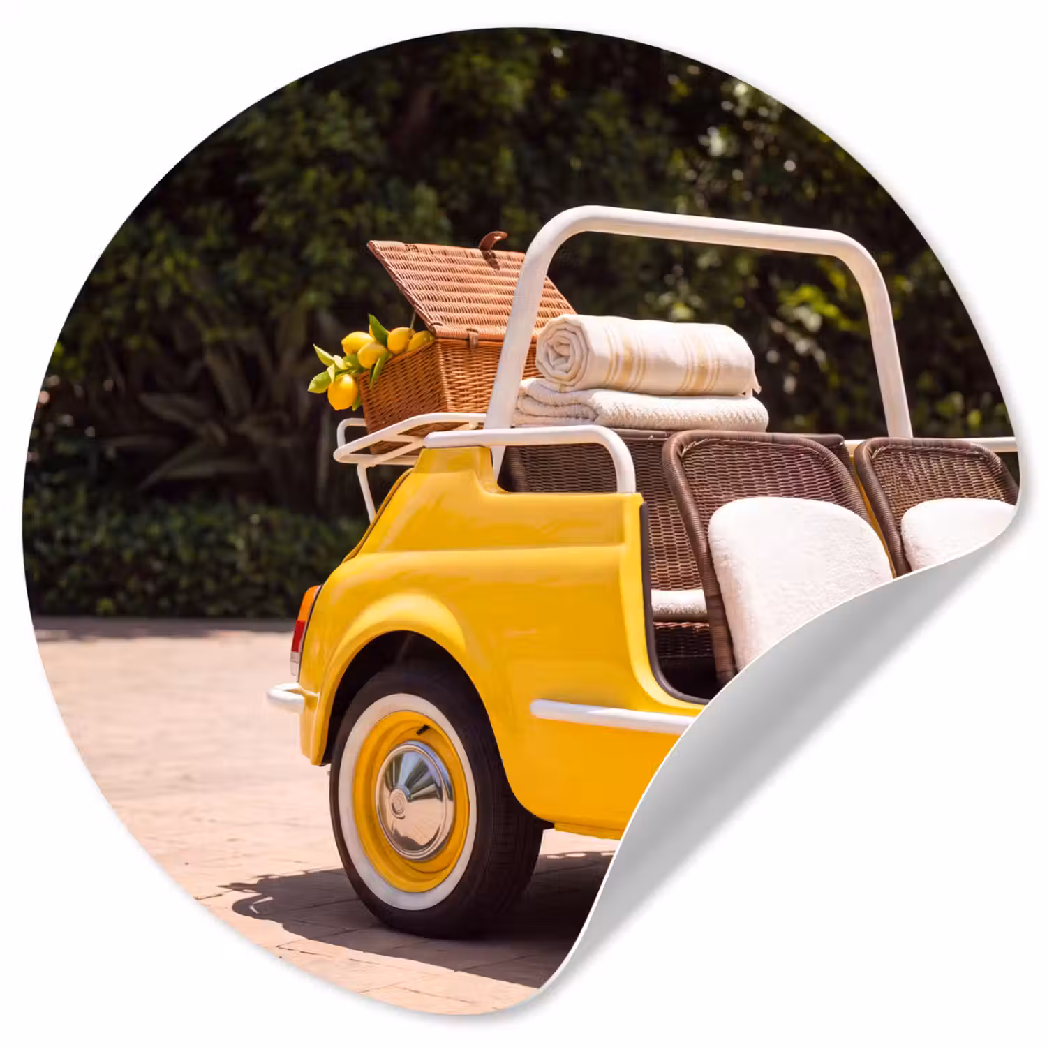 Auto - Picknick - Zomer - Geel Wandcirkel behangsticker klein -3d