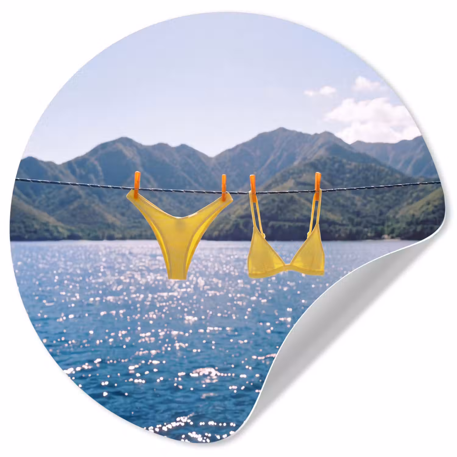 Badmode - Bikini - Zee - Bergen - Geel Wandcirkel behangsticker klein -3d