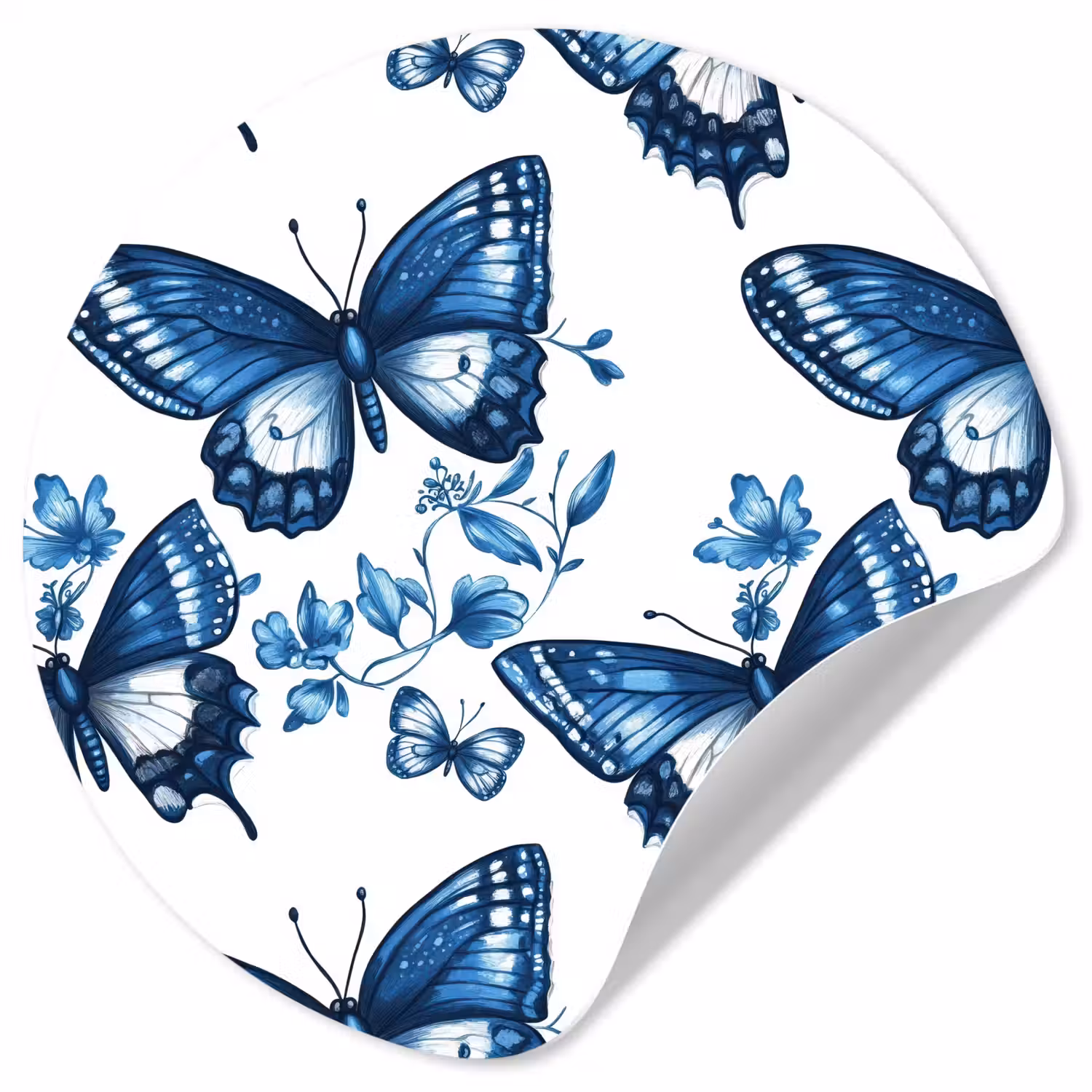 Blauw - Vlinders - Bloemen - Wit Wandcirkel behangsticker klein 186 -3d