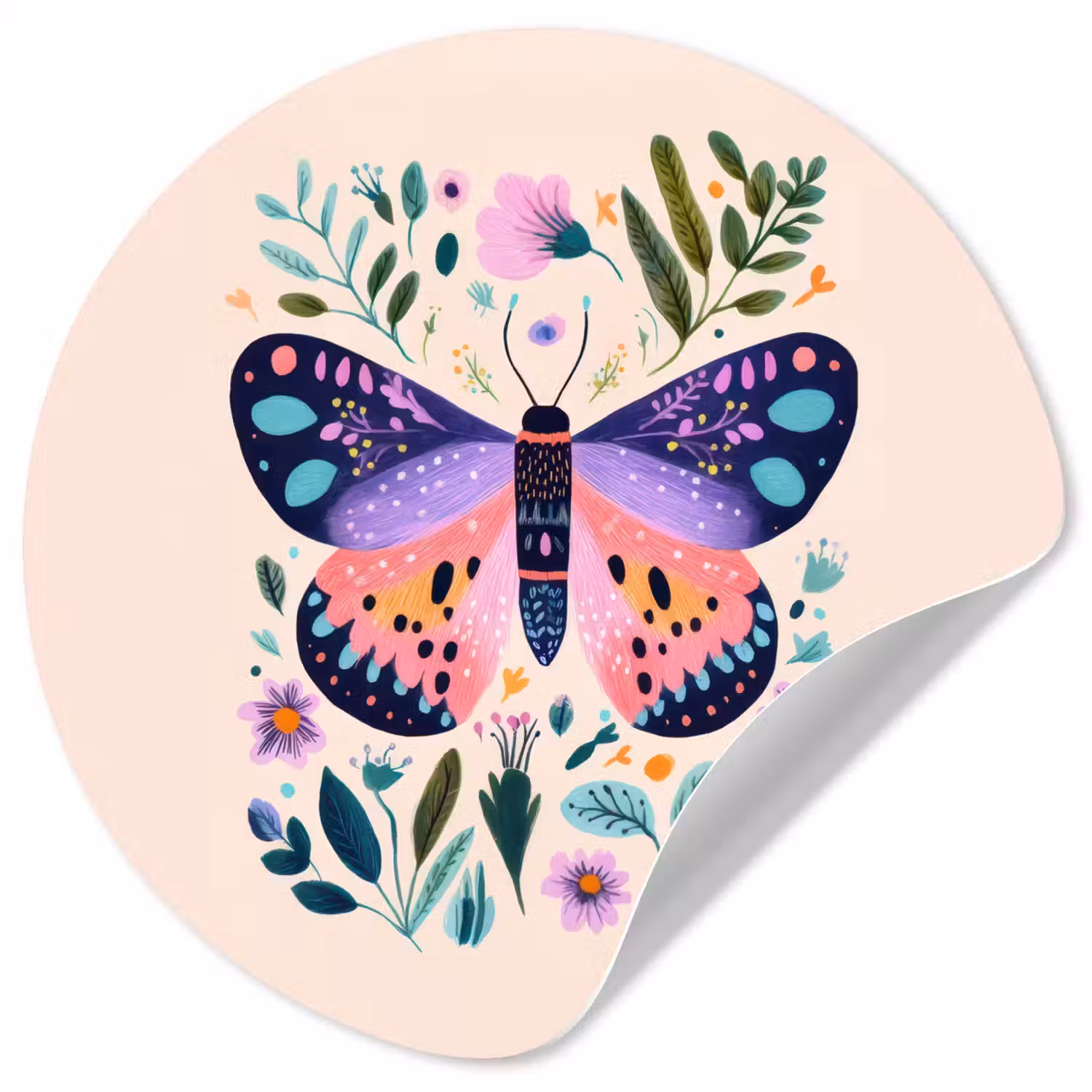 Bloemen - Bladeren - Vlinder - Kleurrijk Wandcirkel behangsticker klein -3d
