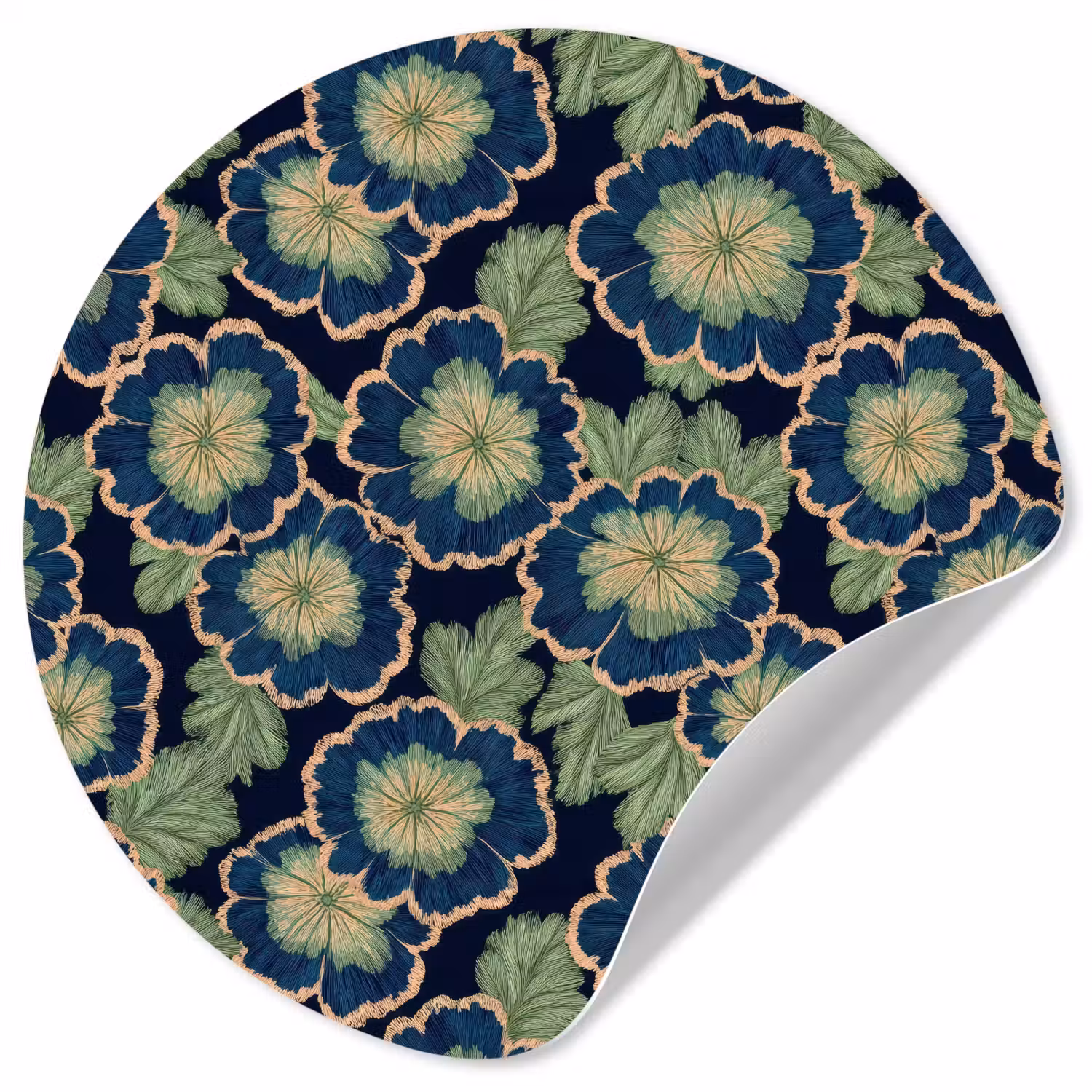 Bloemen - Borduurwerk - Patroon - Blauw - Groen Wandcirkel behangsticker klein 186 -3d