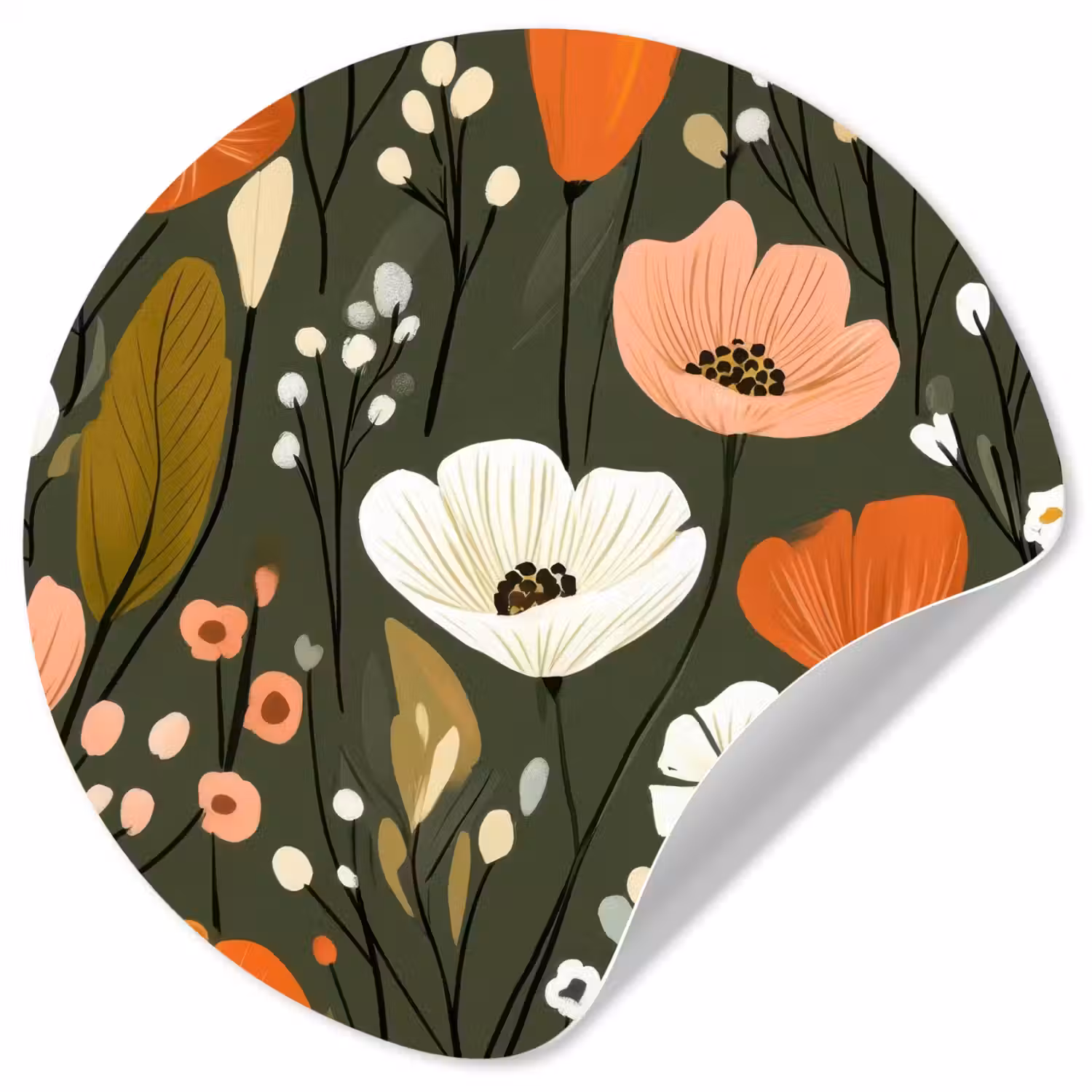 Bloemen - Illustratie - Groen Wandcirkel behangsticker klein -3d