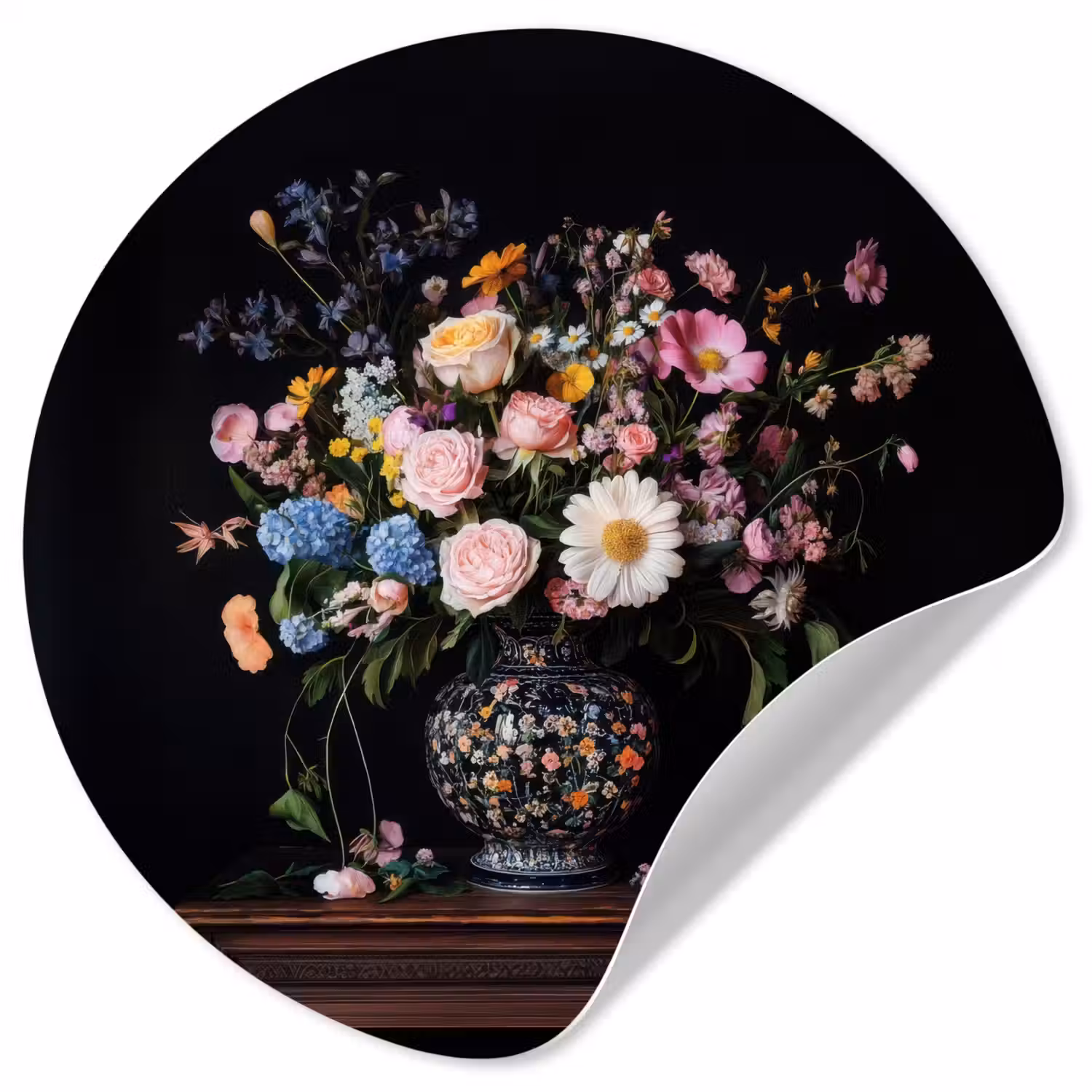 Bloemenvaas - Hout - Bloemen - Boeket Wandcirkel behangsticker klein -3d