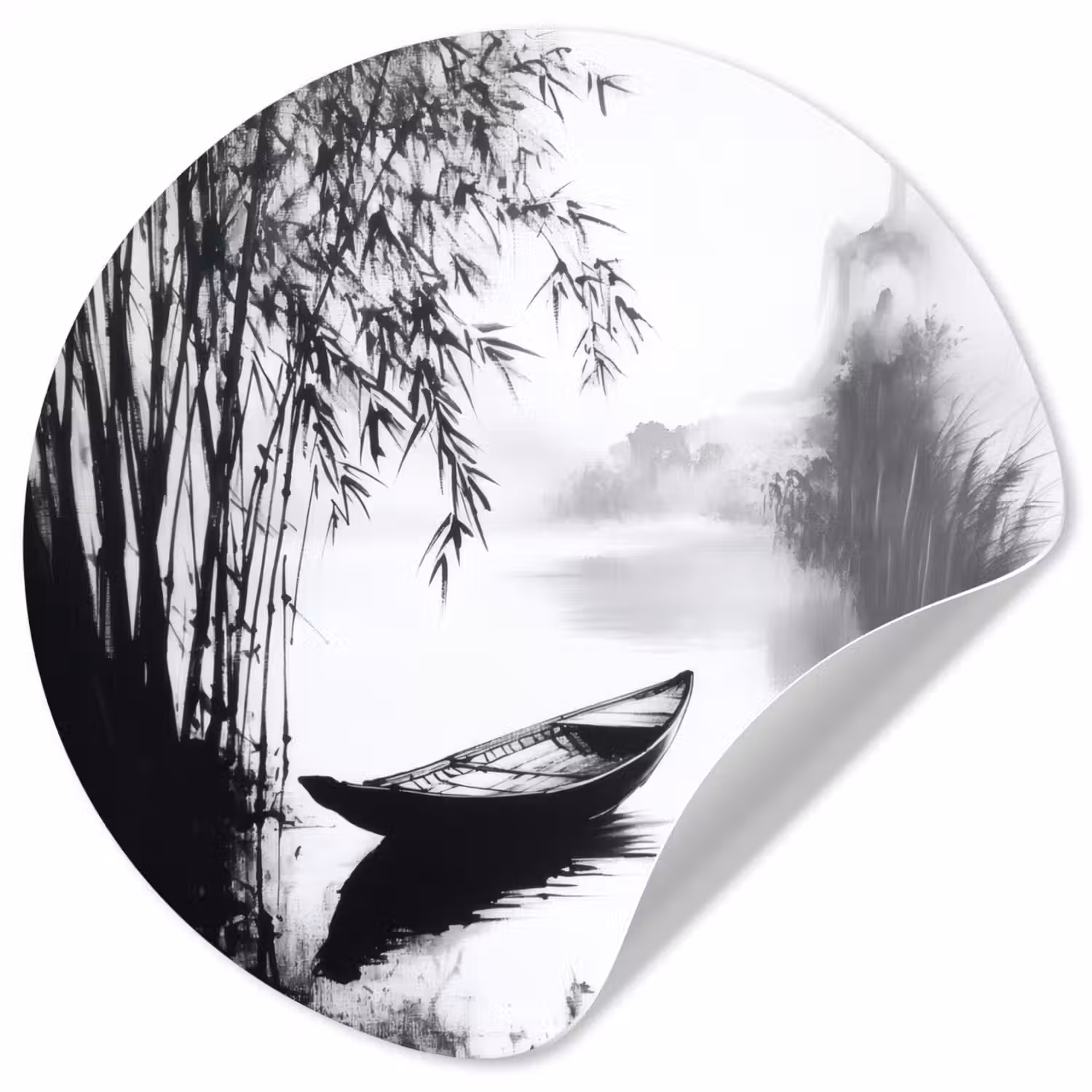 Boot - Rivier - Bamboe - Wit Wandcirkel behangsticker klein -3d