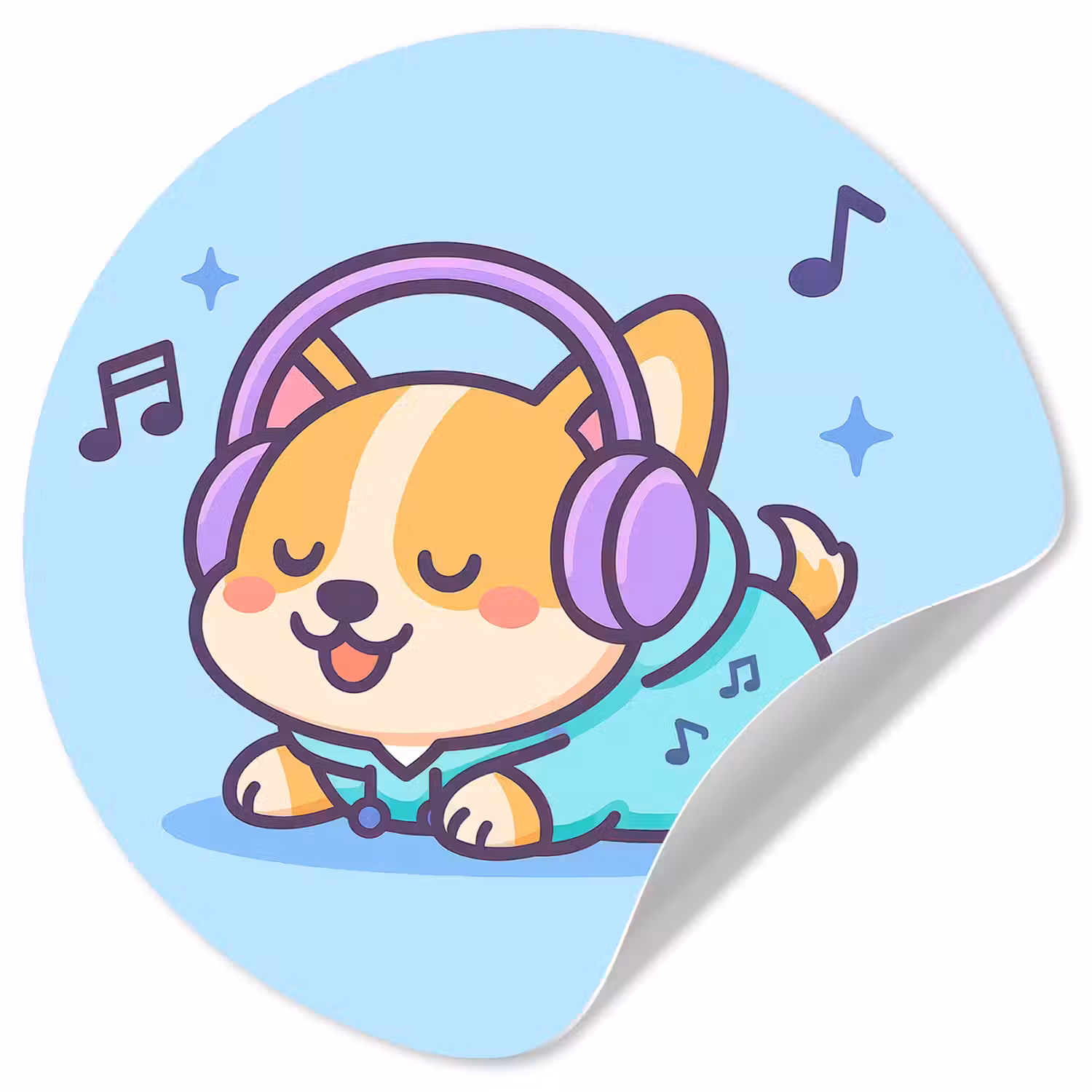 Corgi - Koptelefoon - Blauw - Muzieknoten Wandcirkel behangsticker klein -3d