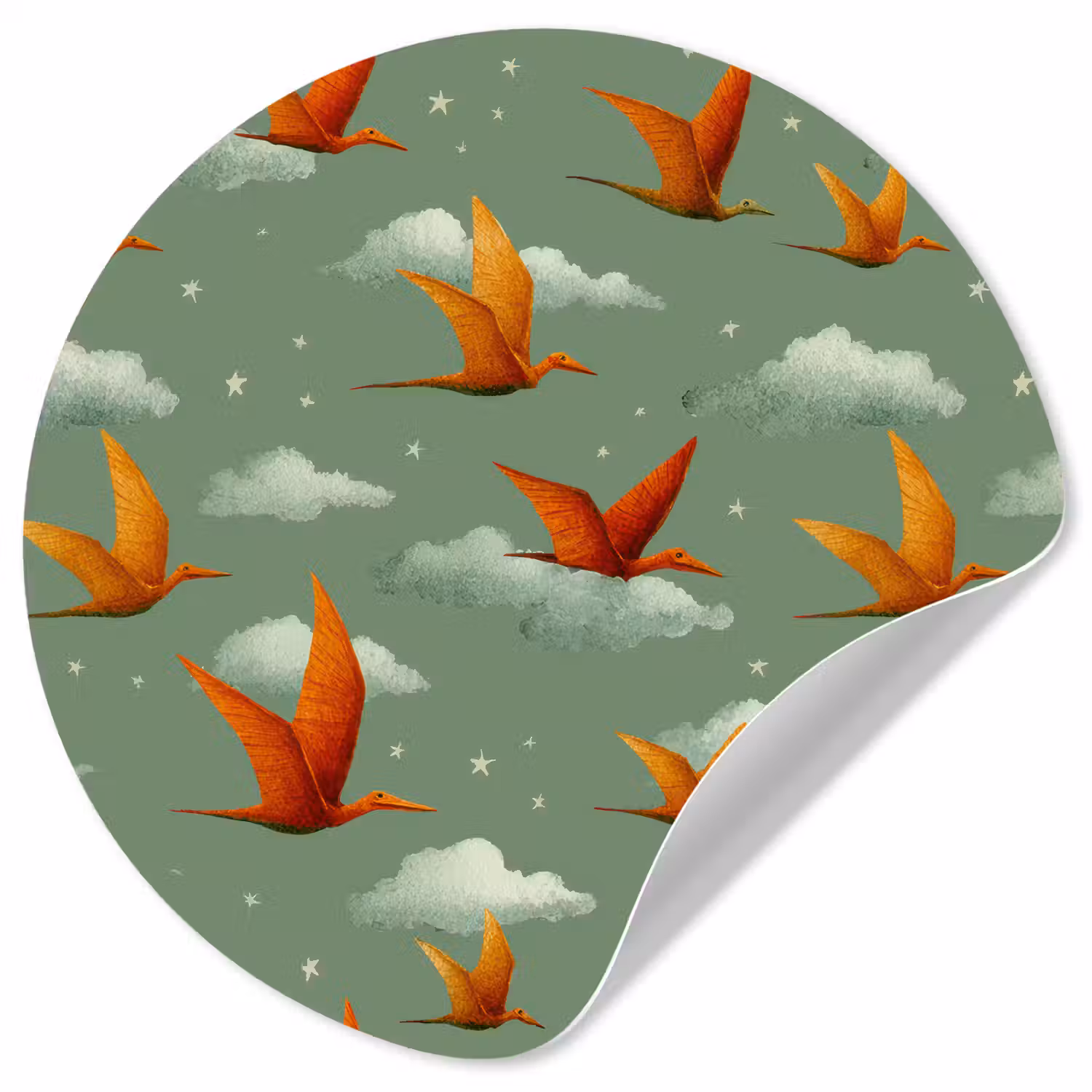 Dinosaurussen - Wolken - Sterren - Oranje Wandcirkel behangsticker klein -3d