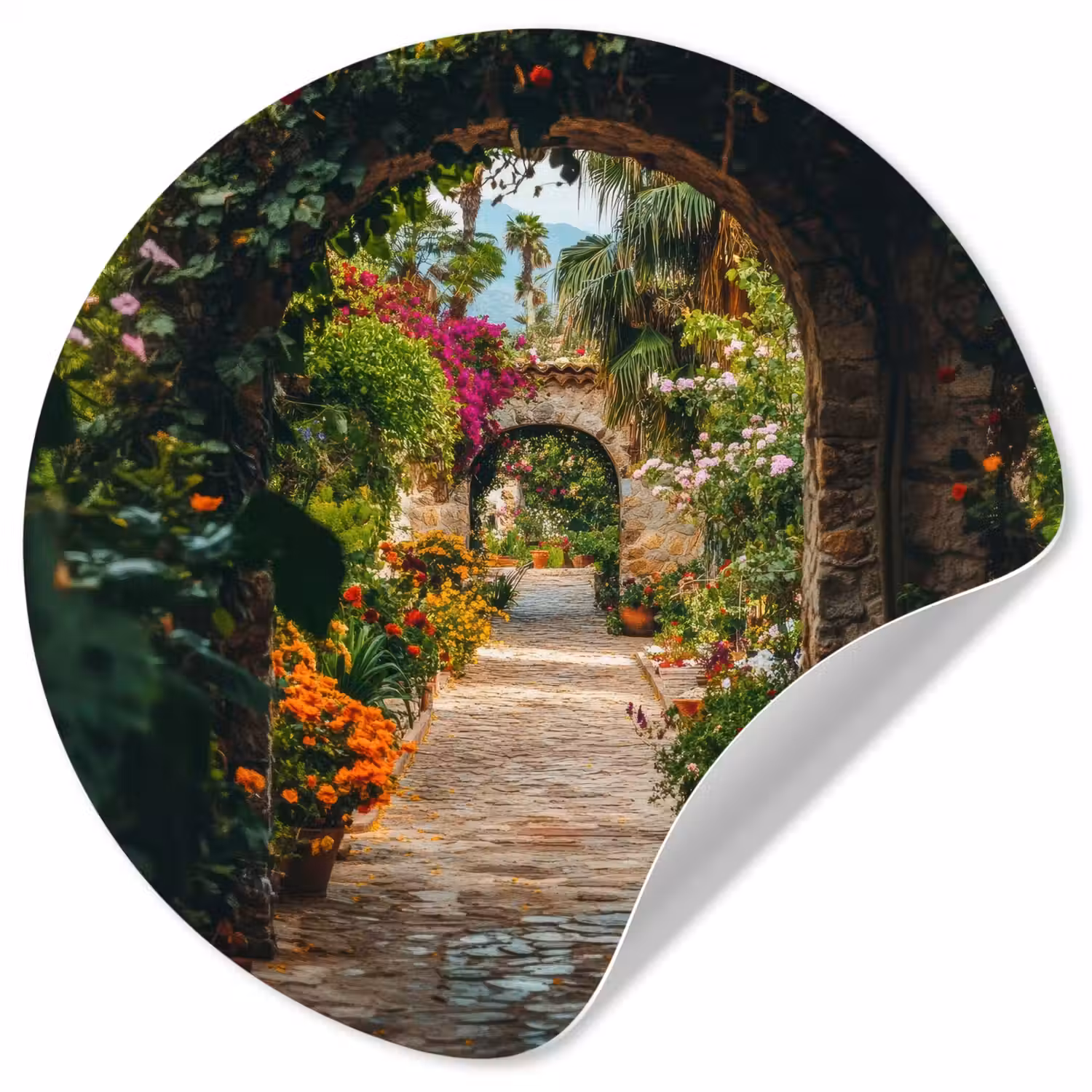 Doorkijk - Bloemen - Poort - Stenen Wandcirkel behangsticker klein -3d