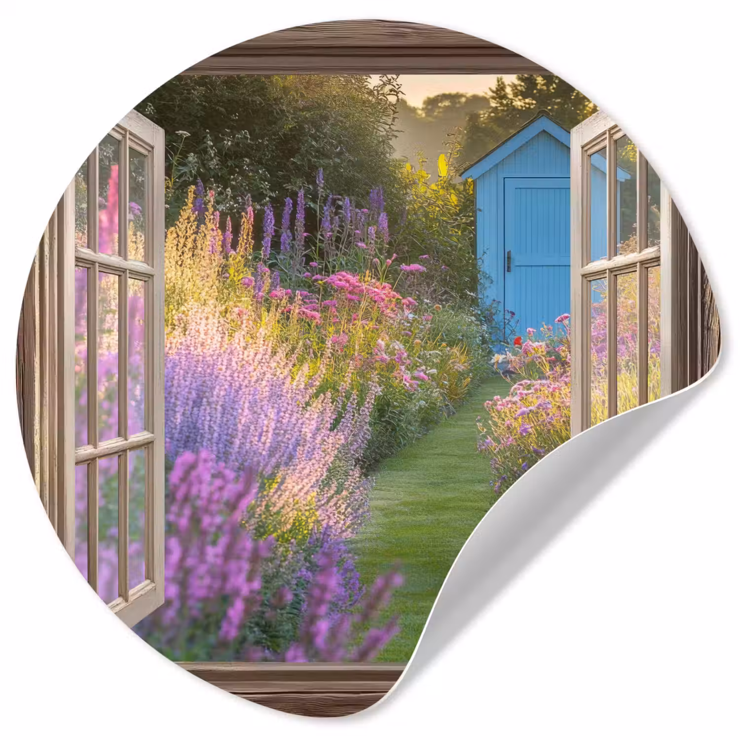 Doorkijk - Bloemen - Raam - Natuur Wandcirkel behangsticker klein -3d