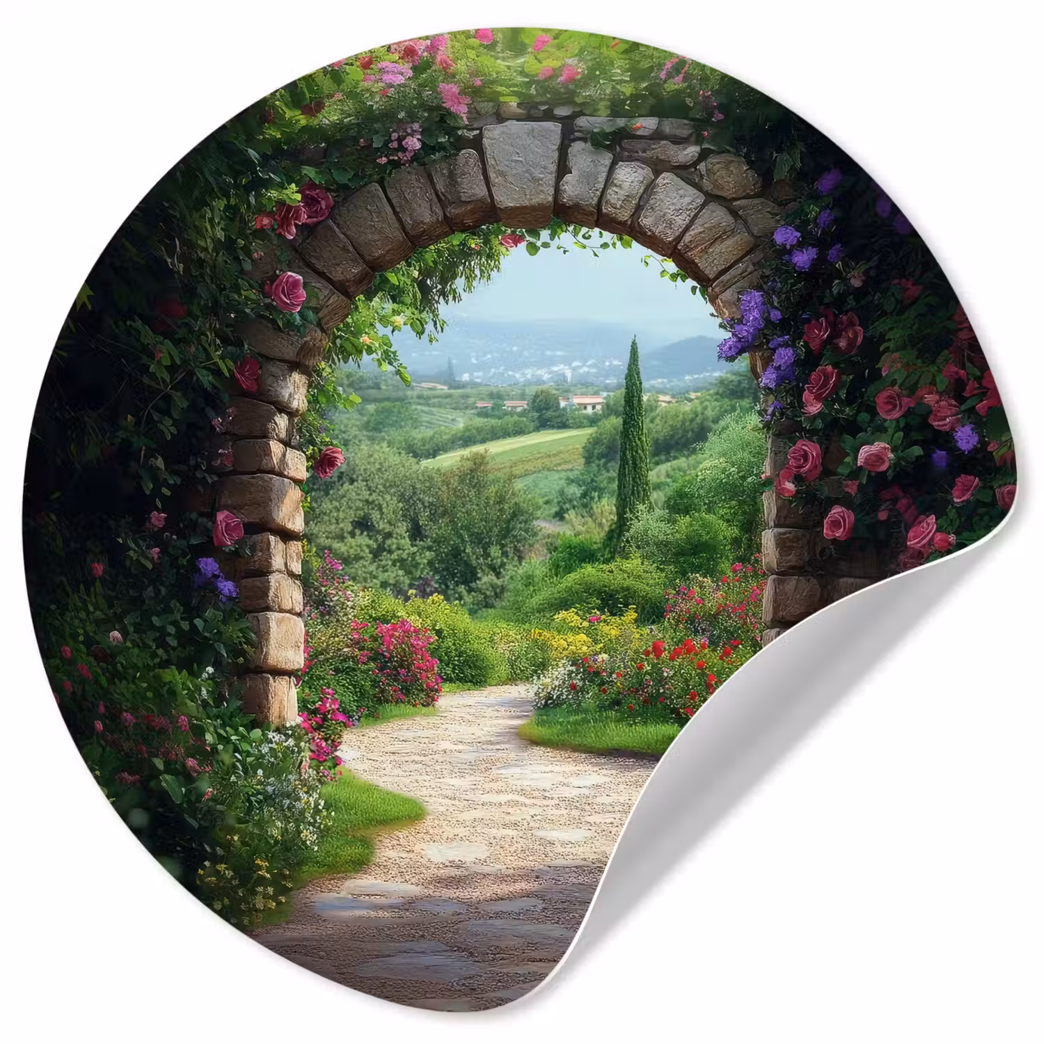 Doorkijk - Landschap - Bloemen - Pad - Uitzicht Wandcirkel behangsticker klein -3d