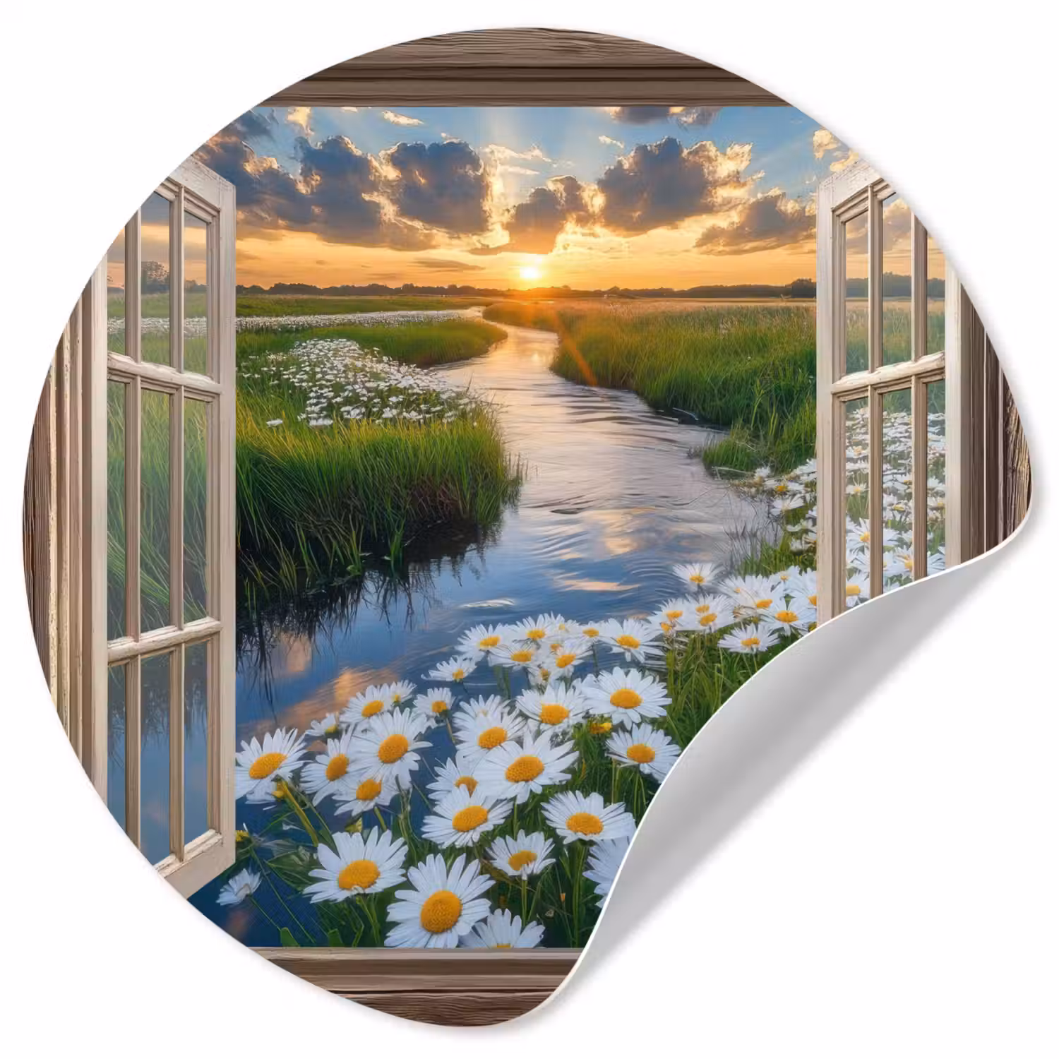 Doorkijk - Landschap - Raam - Water - Zonsondergang Wandcirkel behangsticker klein -3d