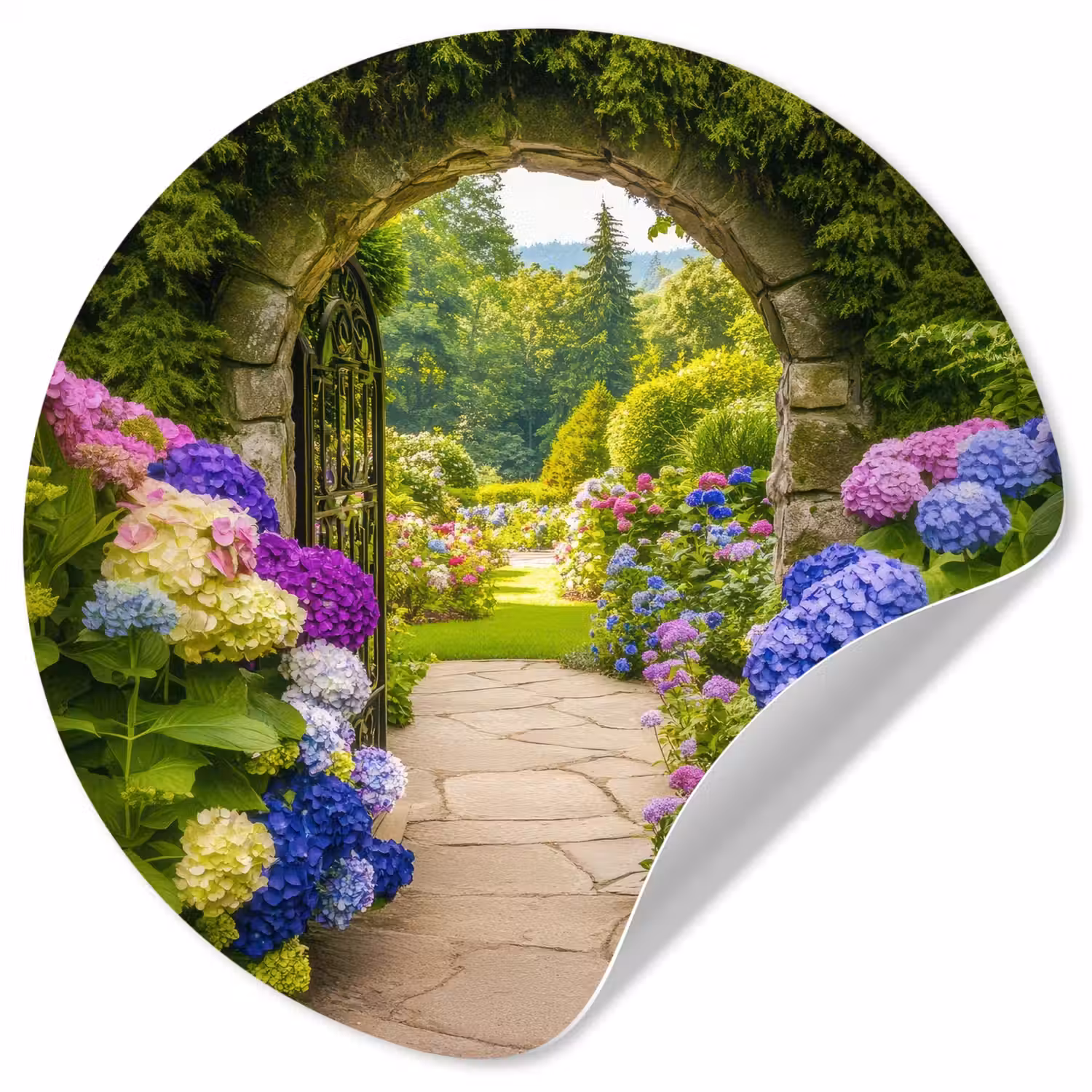 Doorkijk - Poort - Hortensia - Bloementuin Wandcirkel behangsticker klein -3d