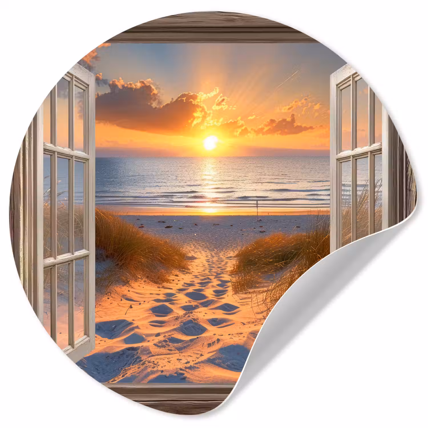 Doorkijk - Strand - Duinen - Zonsondergang Wandcirkel behangsticker klein -3d