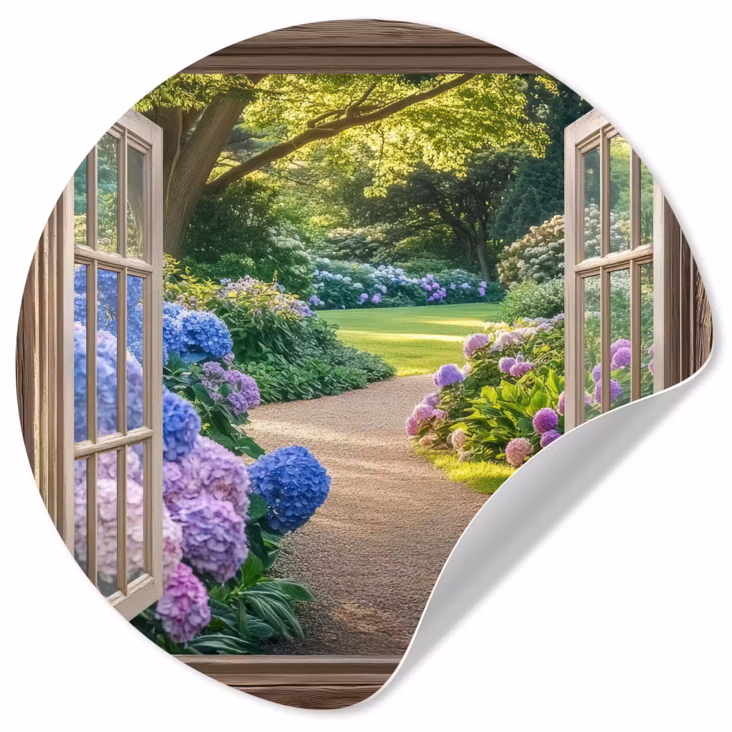 Doorkijk - Tuin - Raam - Hortensia - Bloemen Wandcirkel behangsticker klein -3d