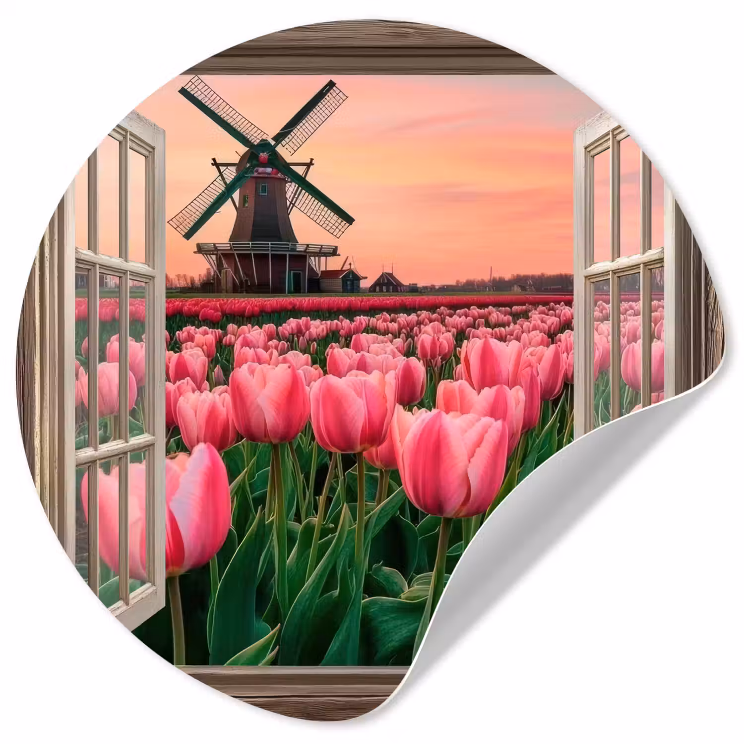 Doorkijk - Tulpen - Bloemen - Molen - Raam Wandcirkel behangsticker klein -3d