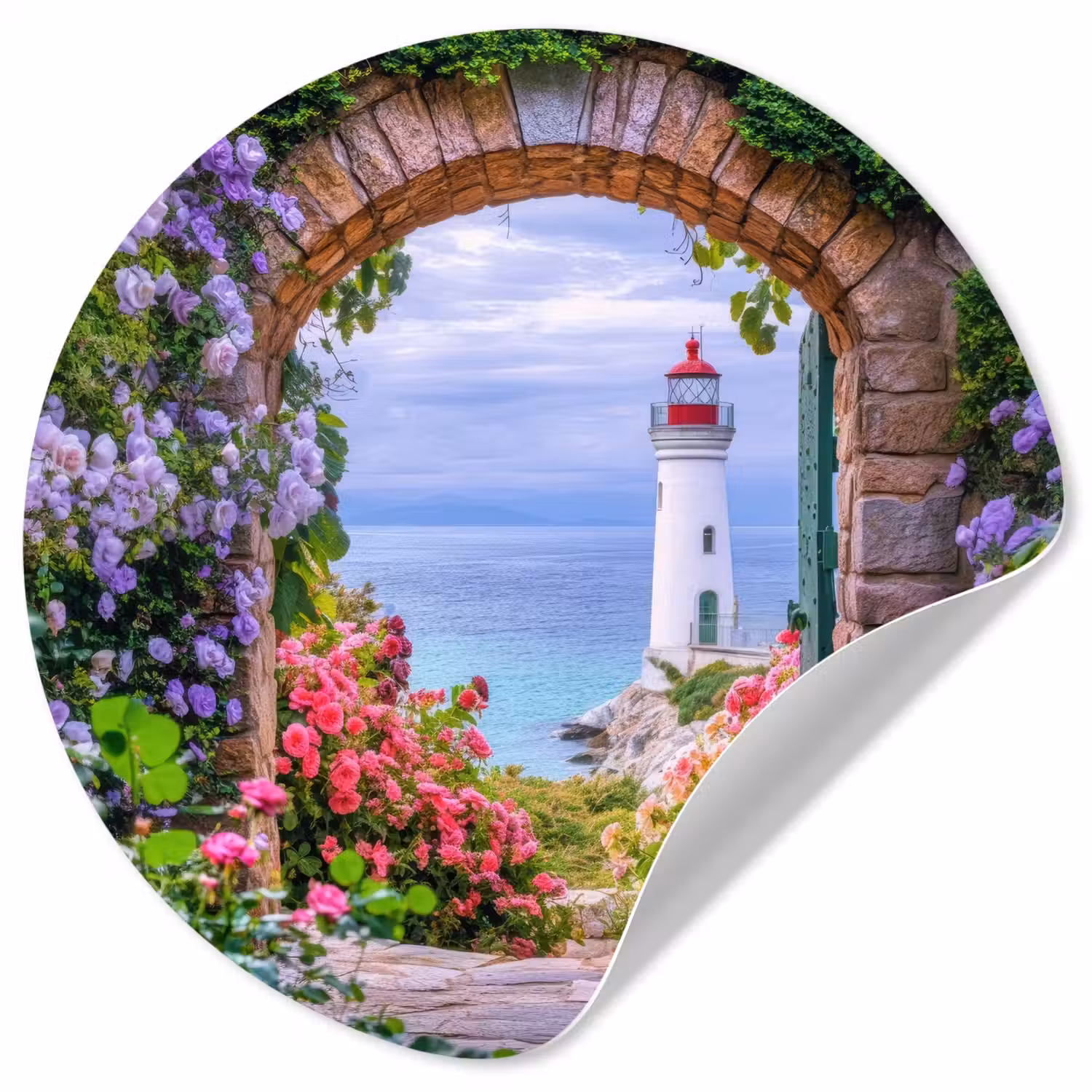 Doorkijk - Vuurtoren - Bloemen - Uitzicht Wandcirkel behangsticker klein -3d