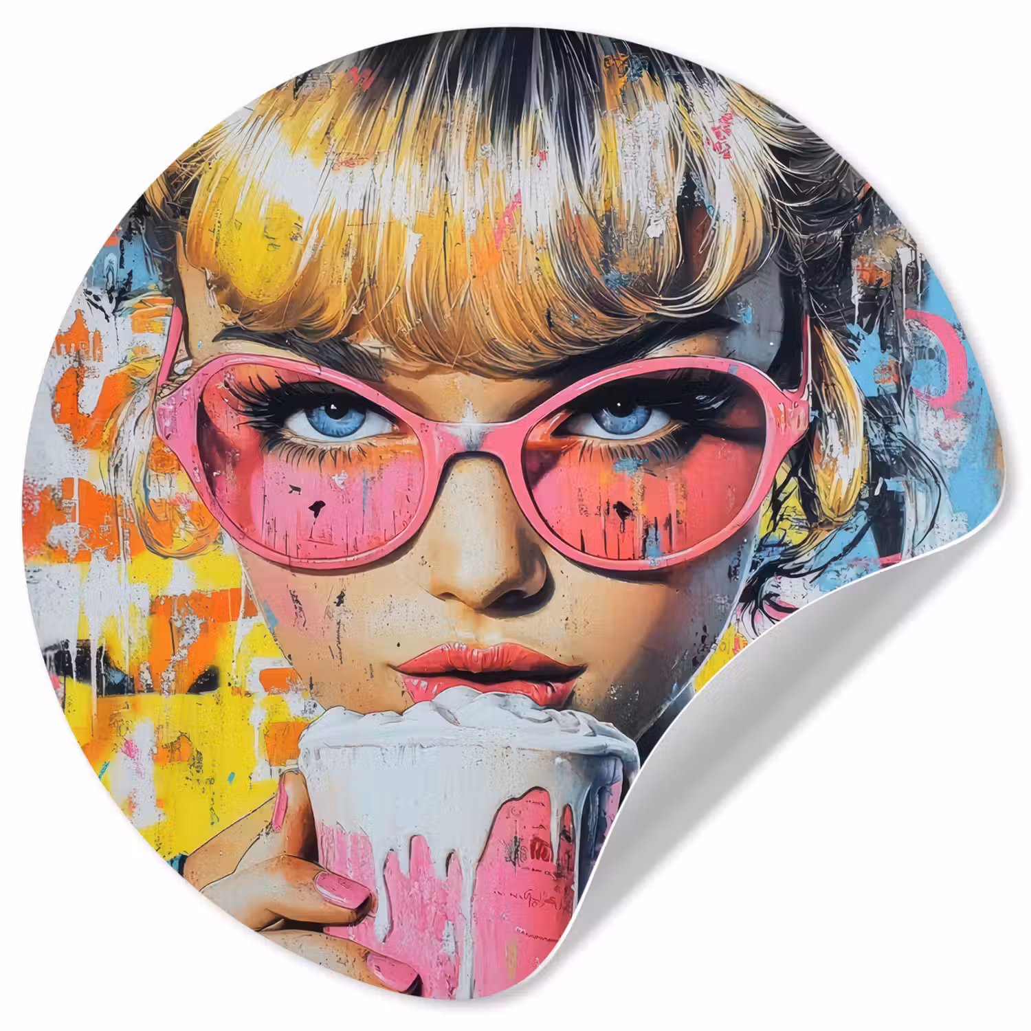 Expressief - Milkshake - Vrouw - Felle kleuren Wandcirkel behangsticker klein -3d