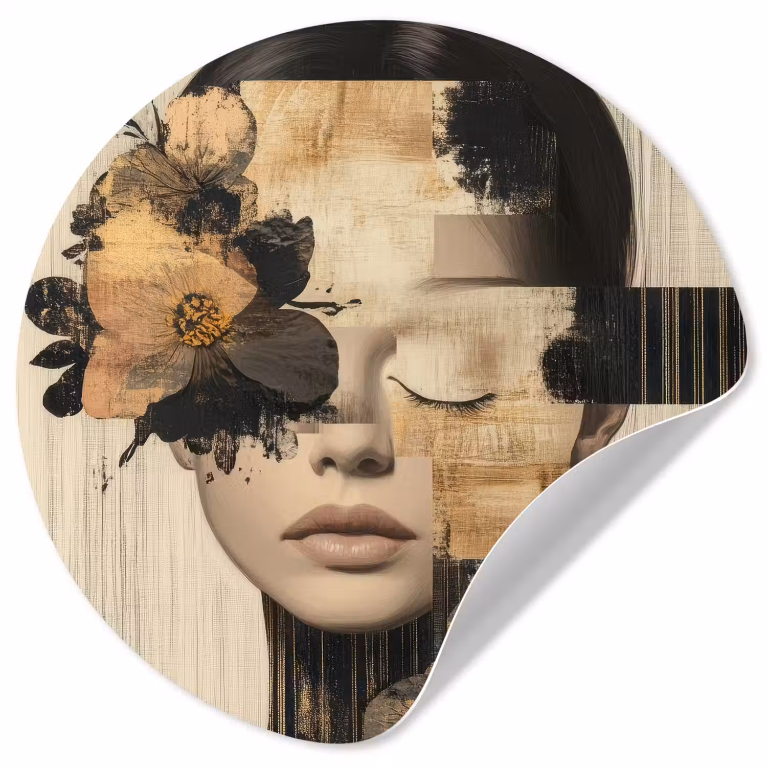 Gezicht - Bloemen - Zwart - Vrouw Wandcirkel behangsticker klein -3d
