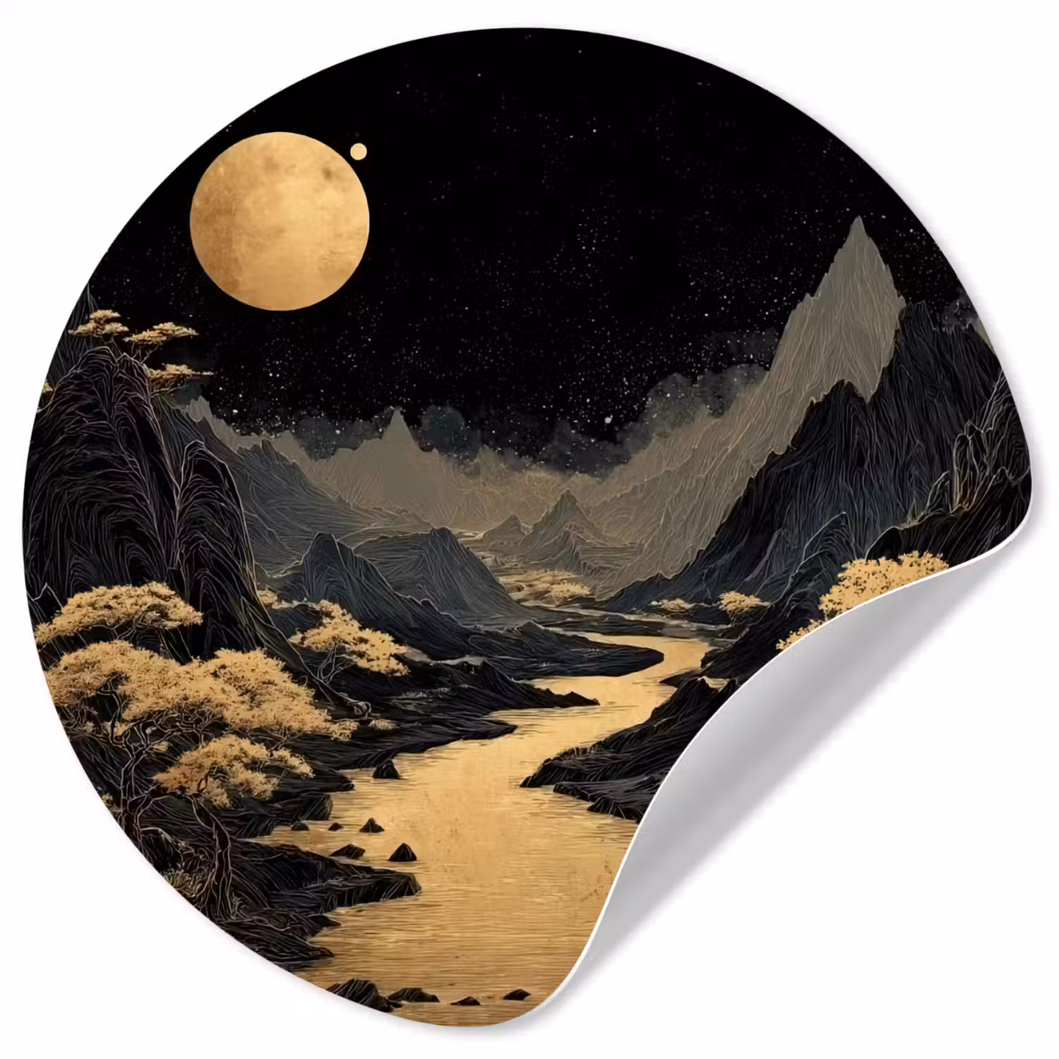 Gouden rivier - Bergen - Maan - Sterrenhemel Wandcirkel behangsticker klein -3d