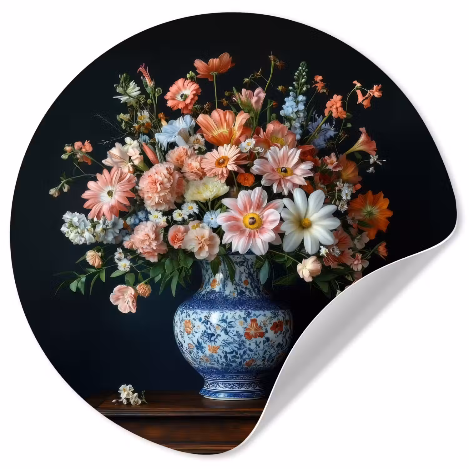 Hout - Vaas - Kleuren - Bloemen Wandcirkel behangsticker klein -3d