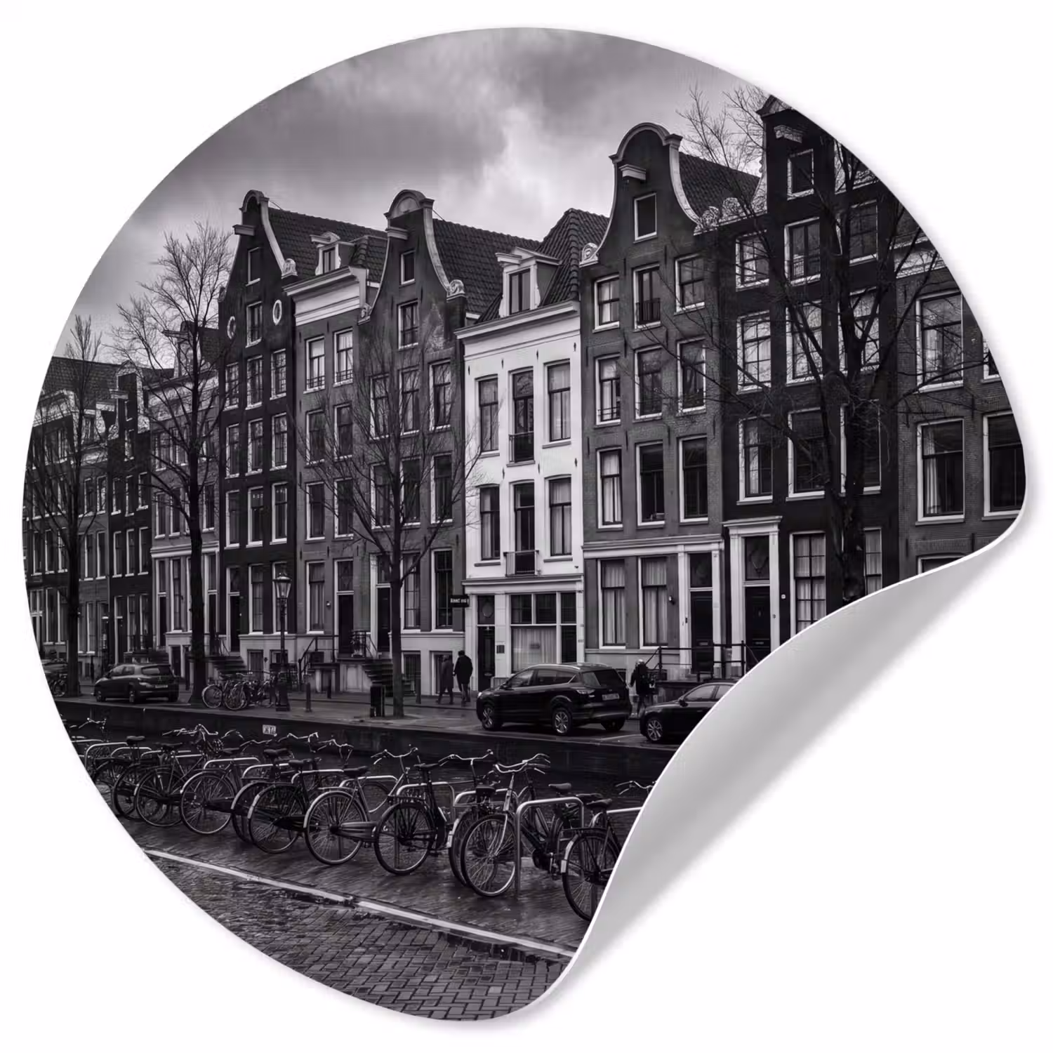 Huis - Gracht - Amsterdam - Architectuur - Zwart-wit Wandcirkel behangsticker klein -3d