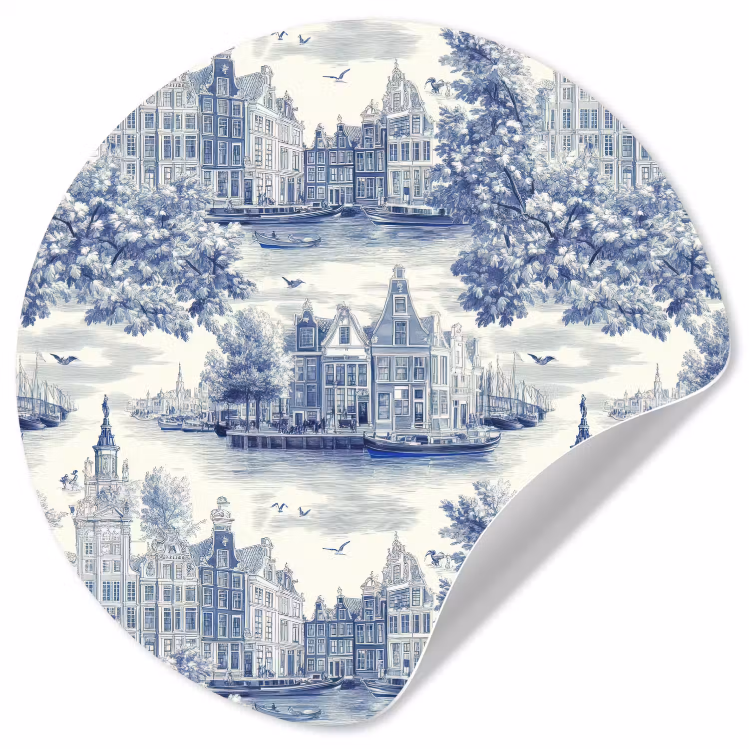 Huizen - Bomen - Water - Vogels - Blauw Wandcirkel behangsticker klein 186 -3d