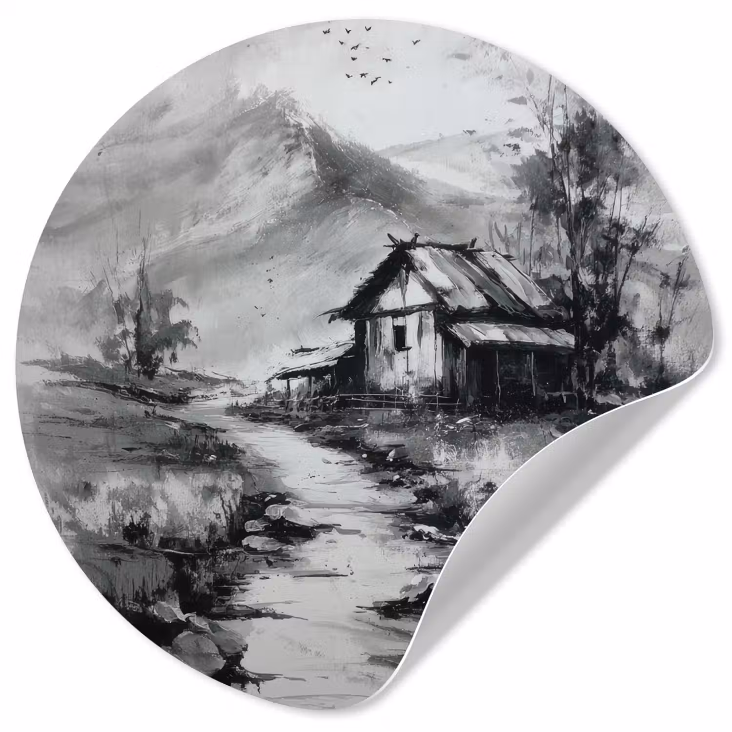 Hut - Grijs - Bergen - Mistig Wandcirkel behangsticker klein -3d