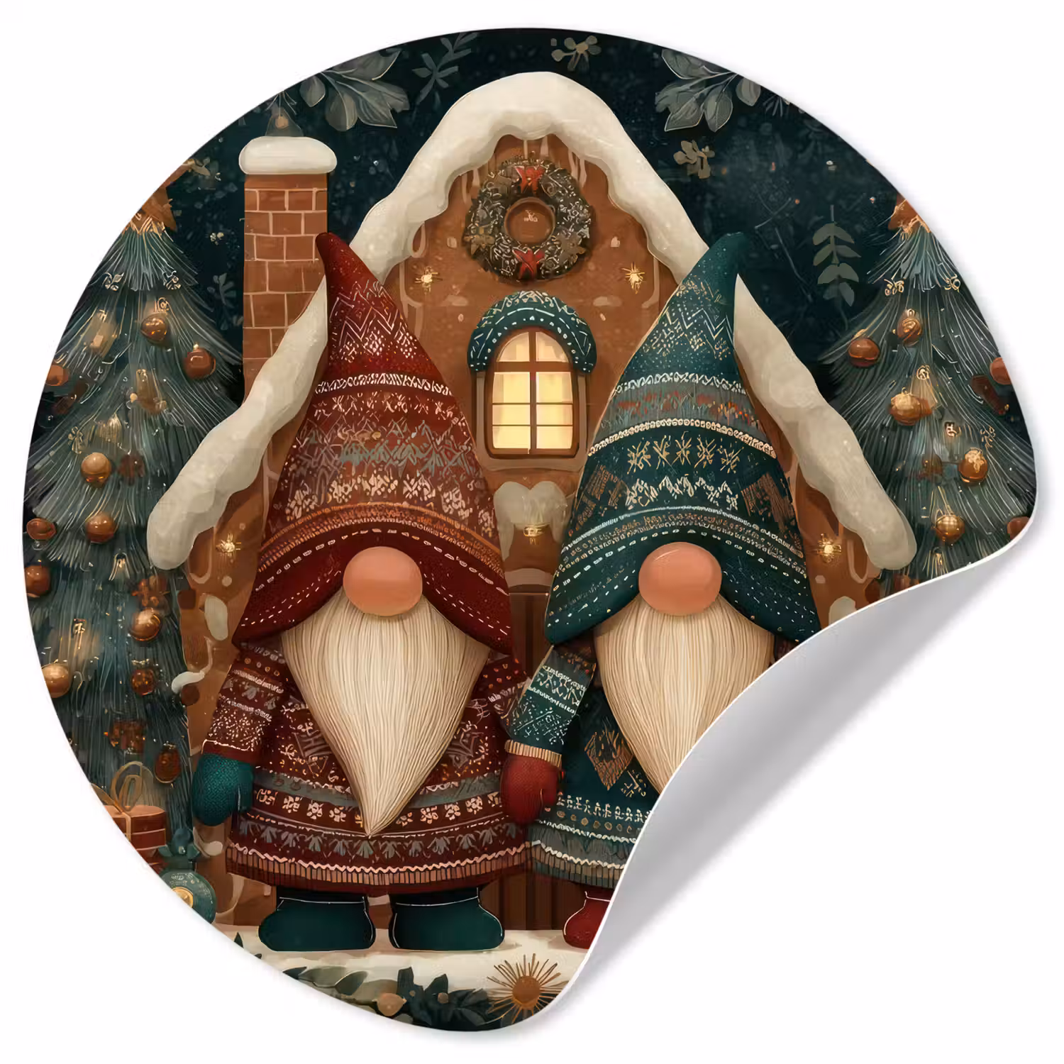 Kerst - Gnomen - Peperkoekhuisje - Rood - Groen Wandcirkel behangsticker klein -3d