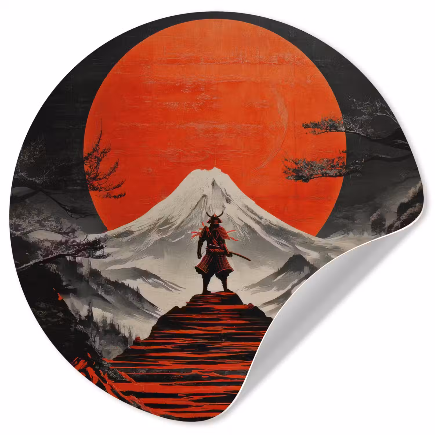 Krijger - Rode trappen - Zon - Berg Wandcirkel behangsticker klein -3d