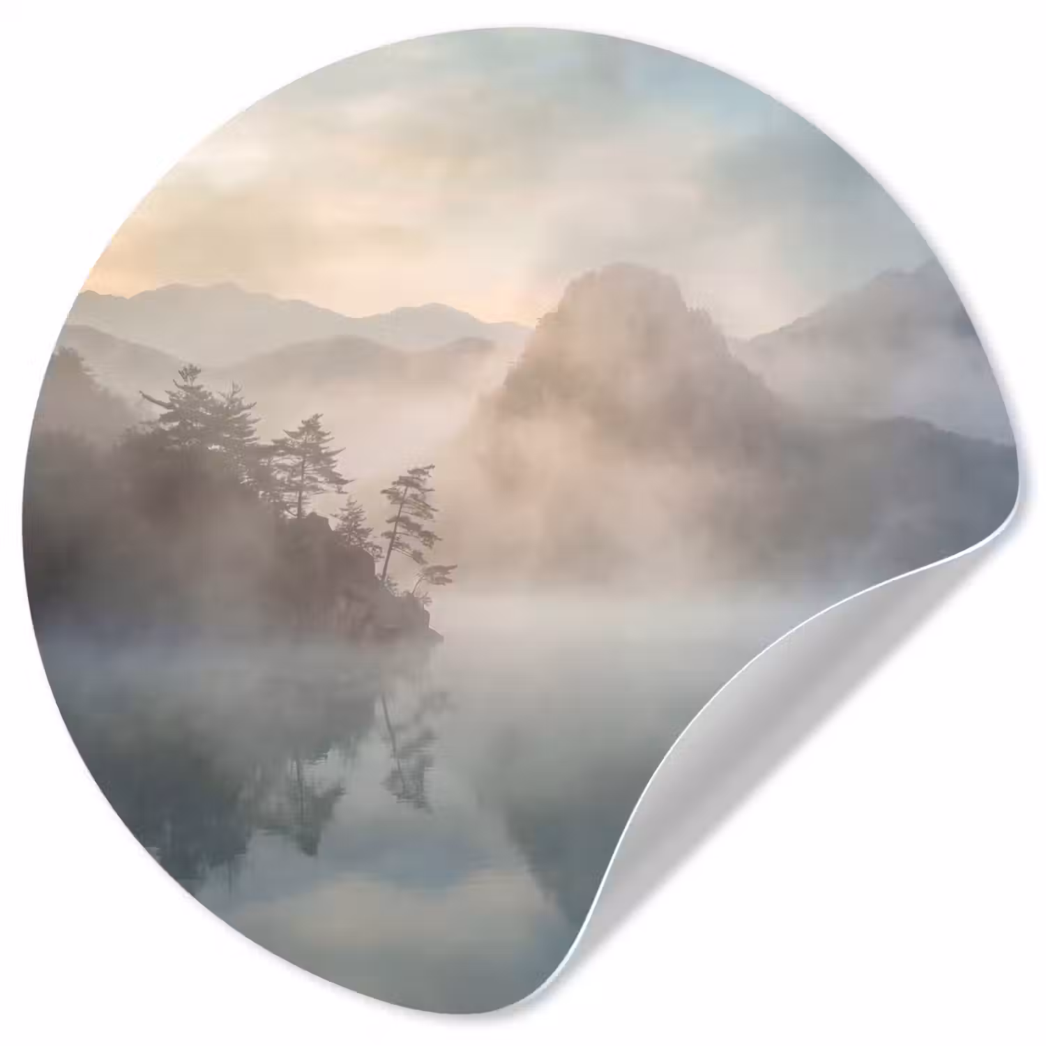 Landschap - Bergen - Mist - Water - Natuur Wandcirkel behangsticker klein -3d