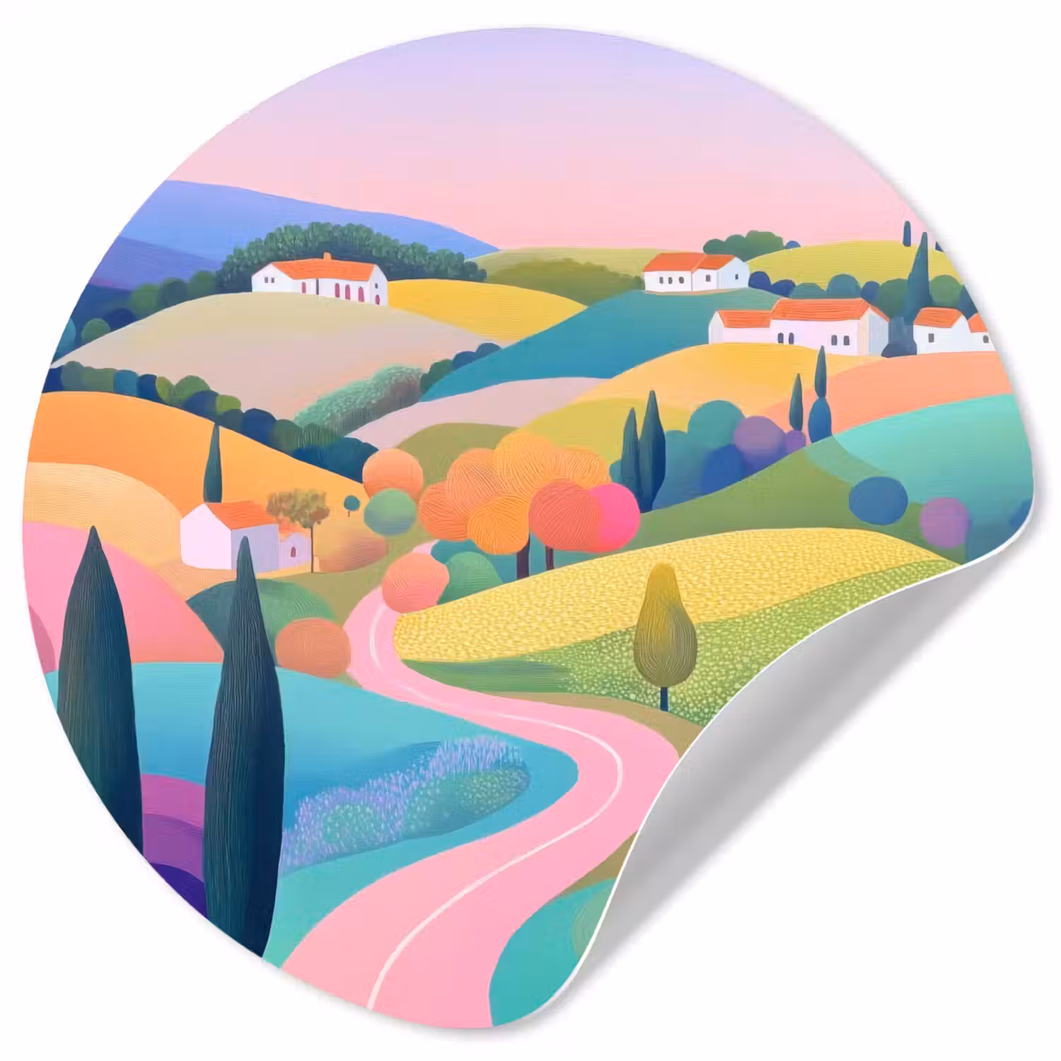 Landschap - Paars - Pastel - Huizen Wandcirkel behangsticker klein -3d