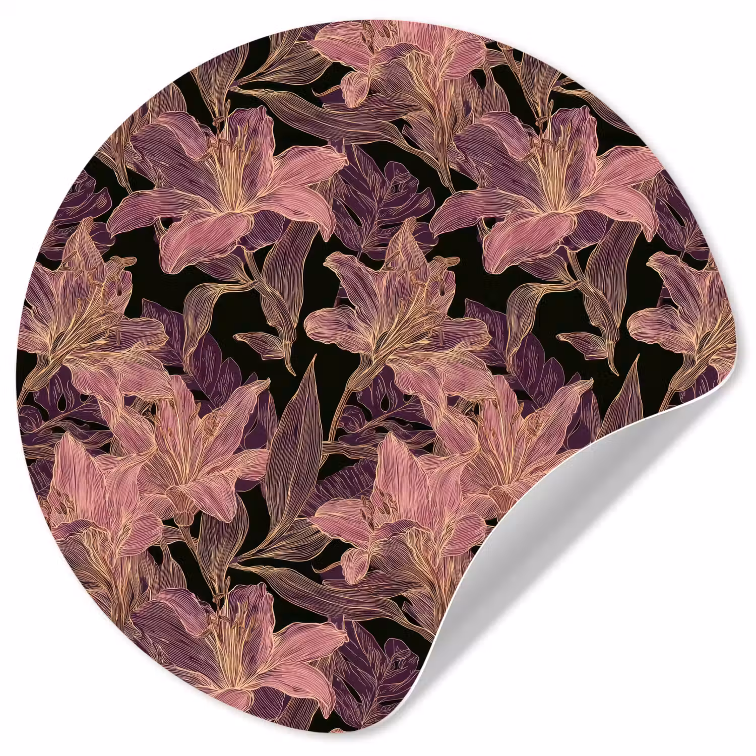 Lelies - Patroon - Paars - Goud Wandcirkel behangsticker klein 186 -3d
