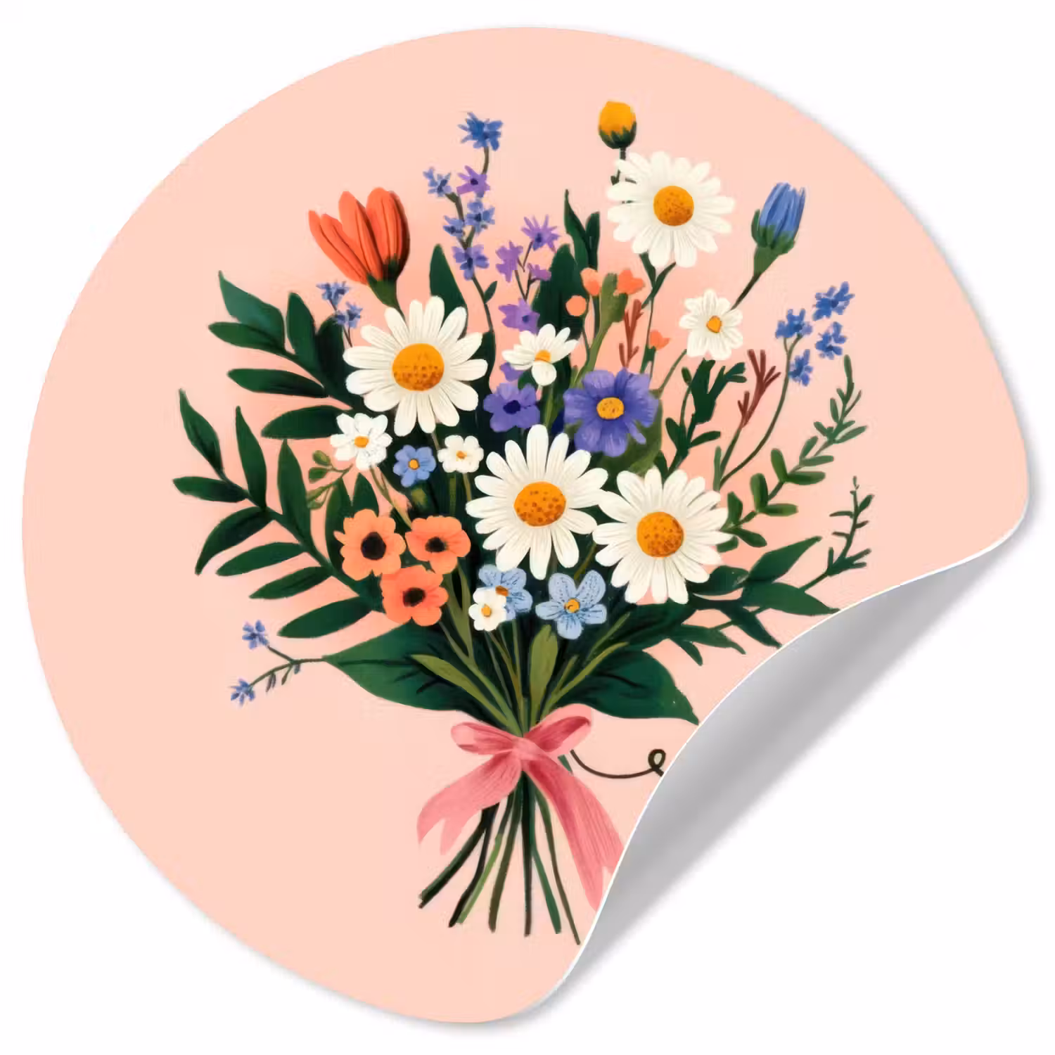 Margrieten - Boeket - Strikje - Roze Wandcirkel behangsticker klein -3d
