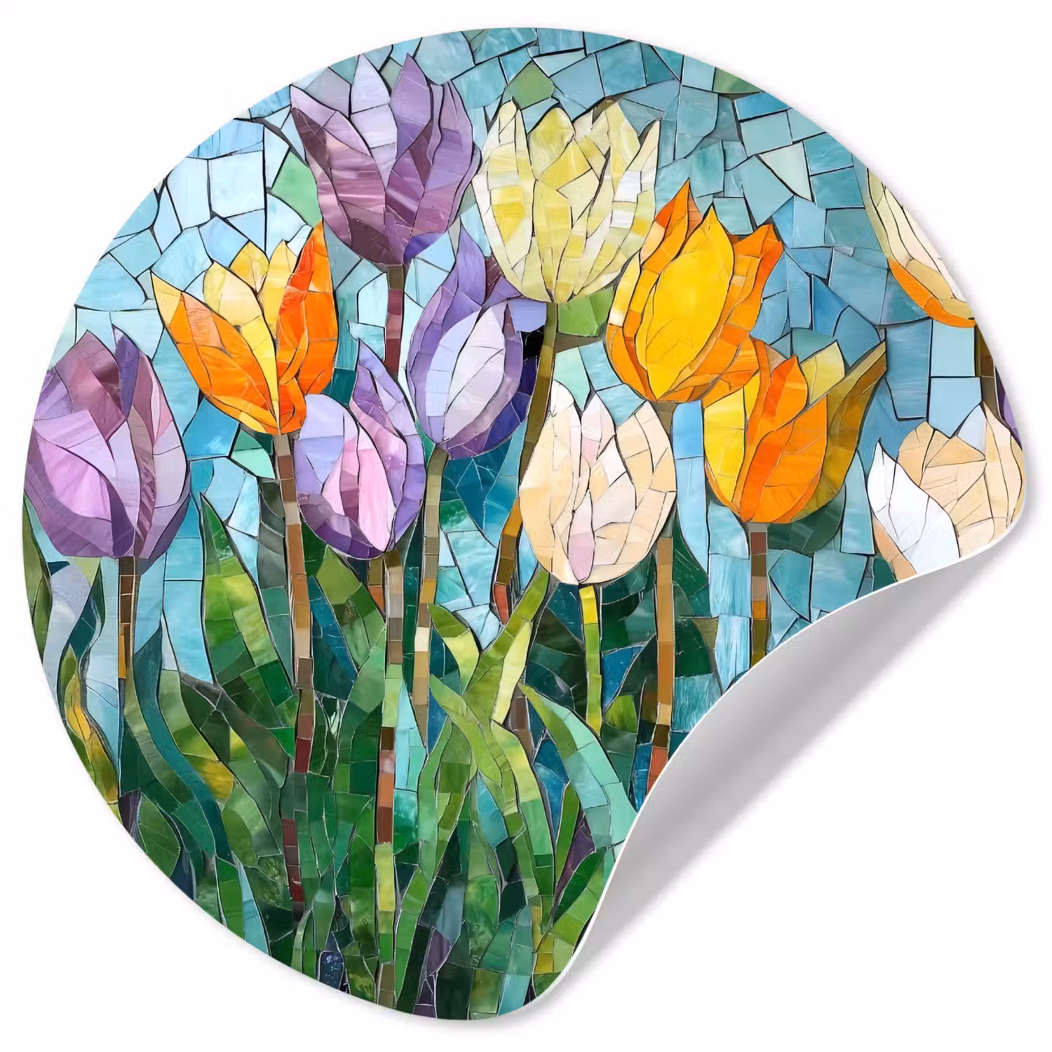 Mozaïek - Veld - Tulpen - Kleurrijk Wandcirkel behangsticker klein -3d