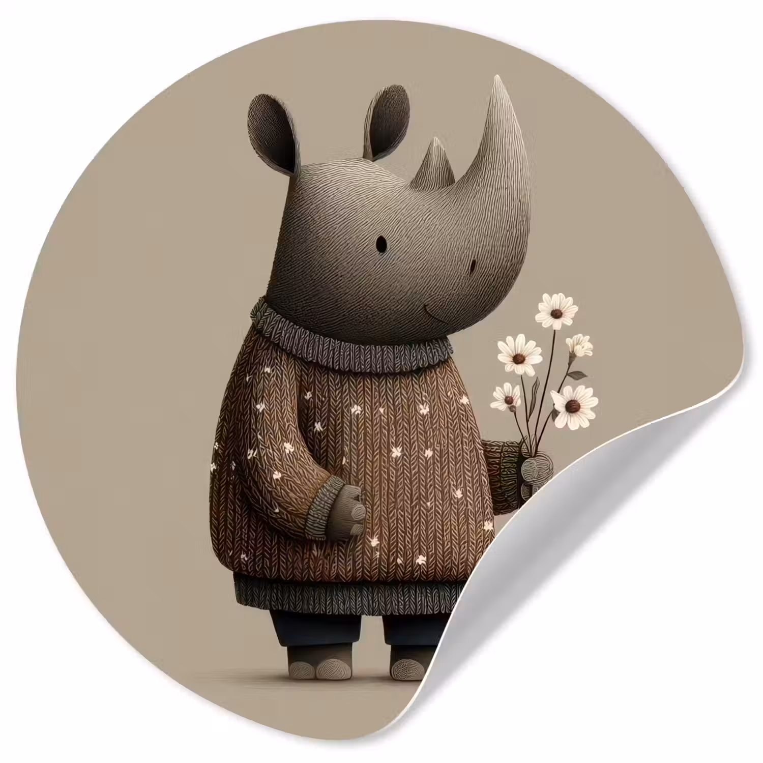 Neushoorn - Witte bloemen - Lief Wandcirkel behangsticker klein -3d