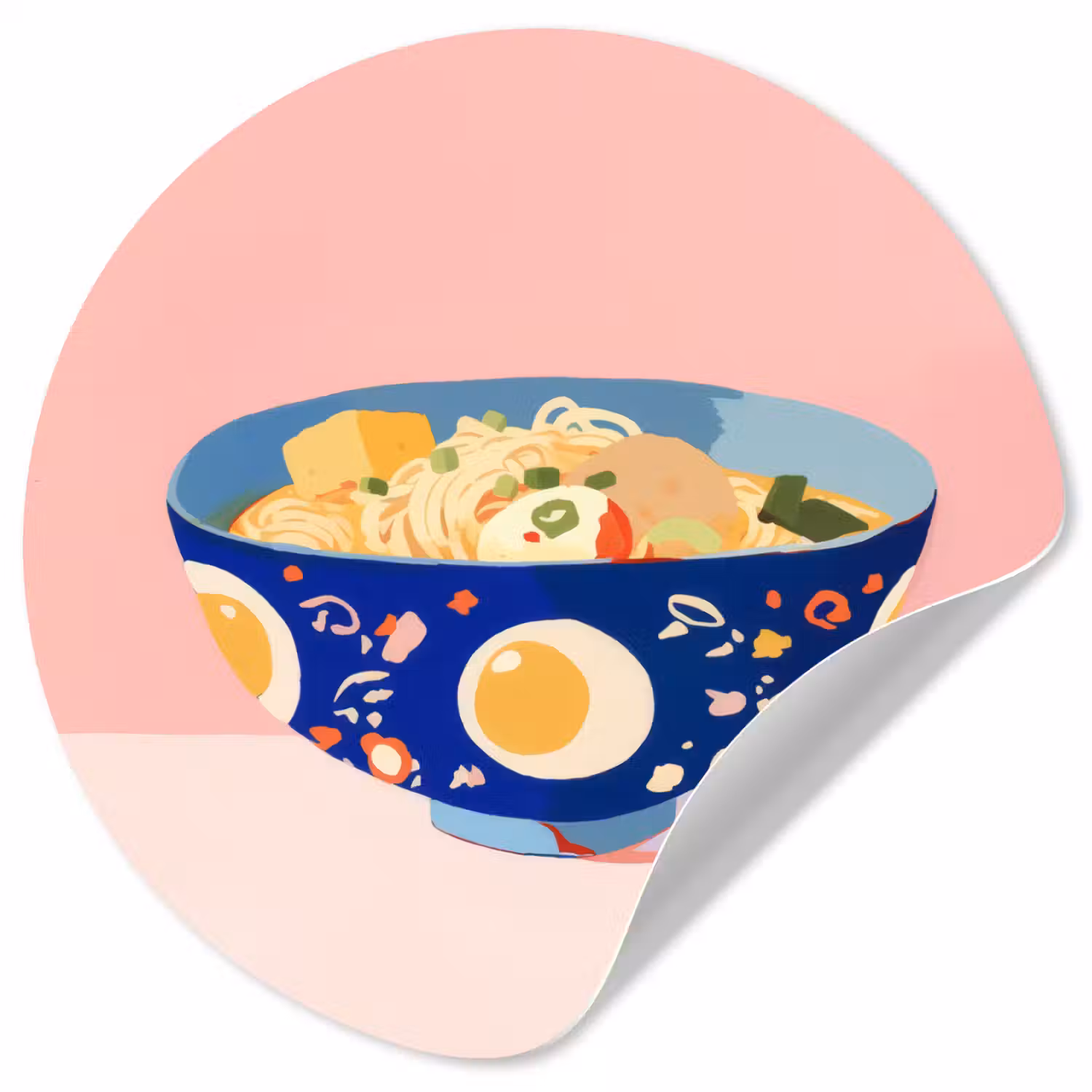 Noodles - Kom - Blauw - Illustratie Wandcirkel behangsticker klein -3d