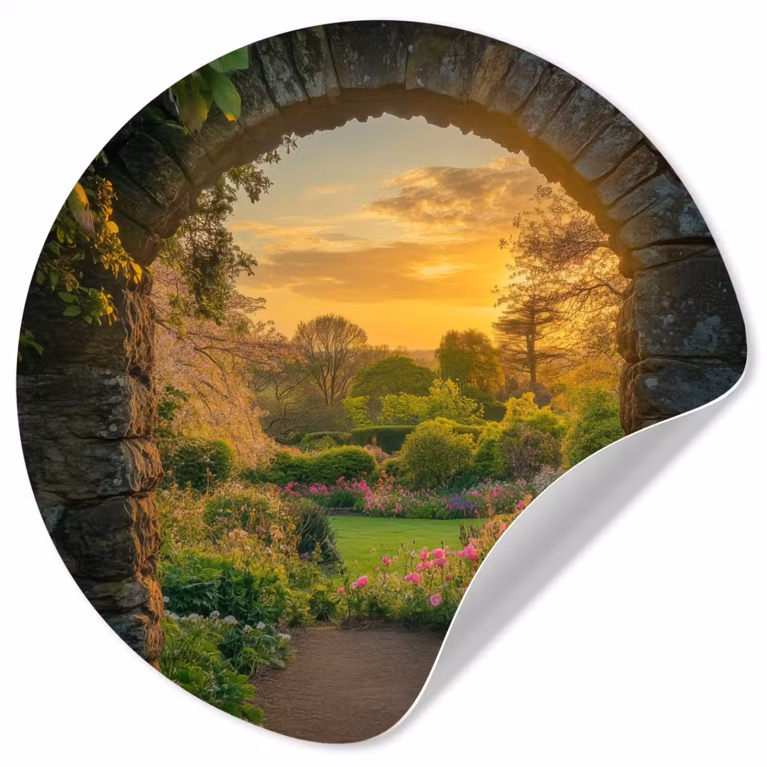 Poort - Planten - Zonsondergang Wandcirkel behangsticker klein -3d