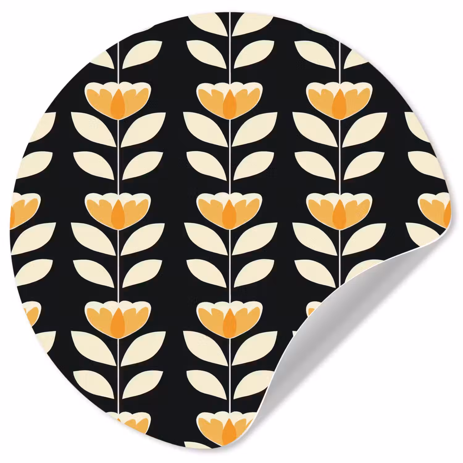 Retro - Bloem - Zwart - Okergeel Wandcirkel behangsticker klein 186 -3d
