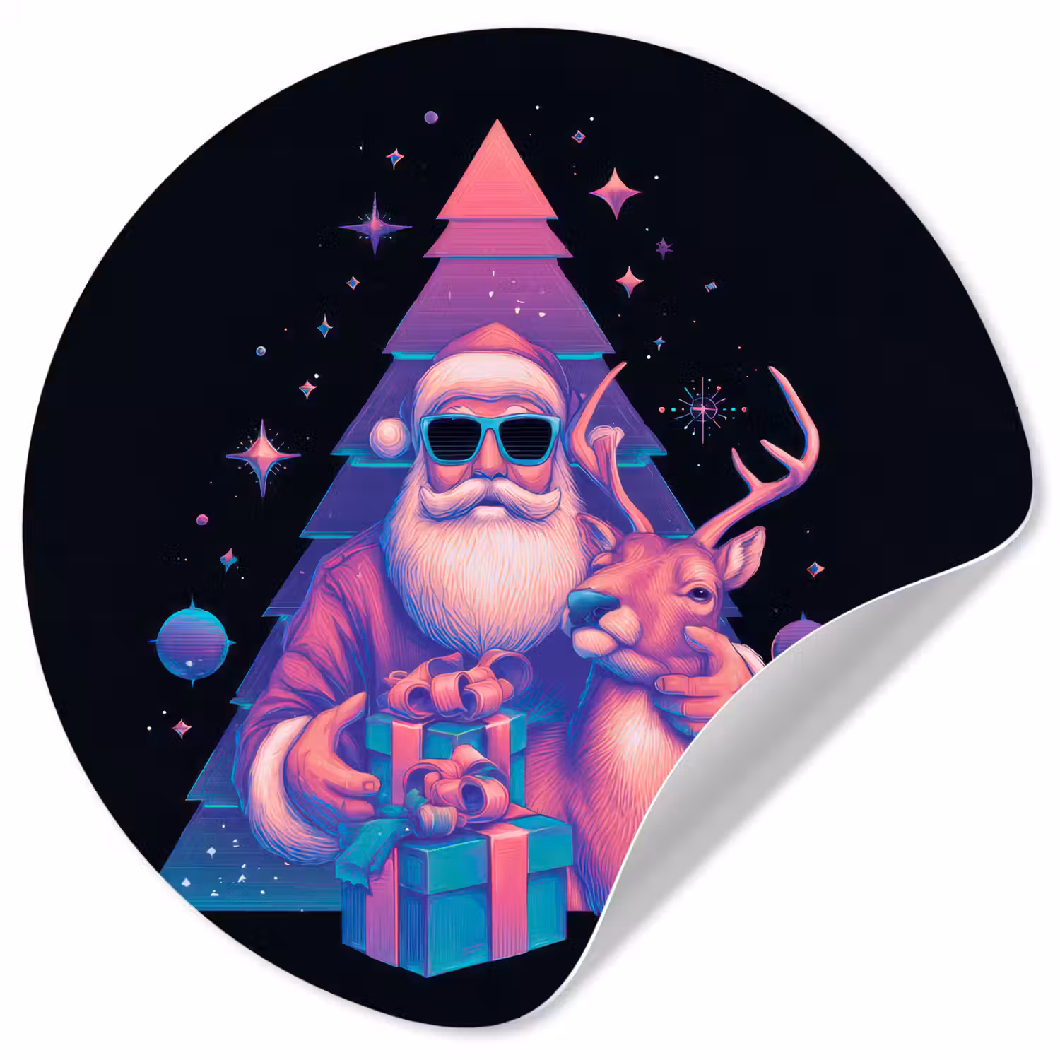 Retro - Kerstman - Rendieren - Kerstboom Wandcirkel behangsticker klein -3d